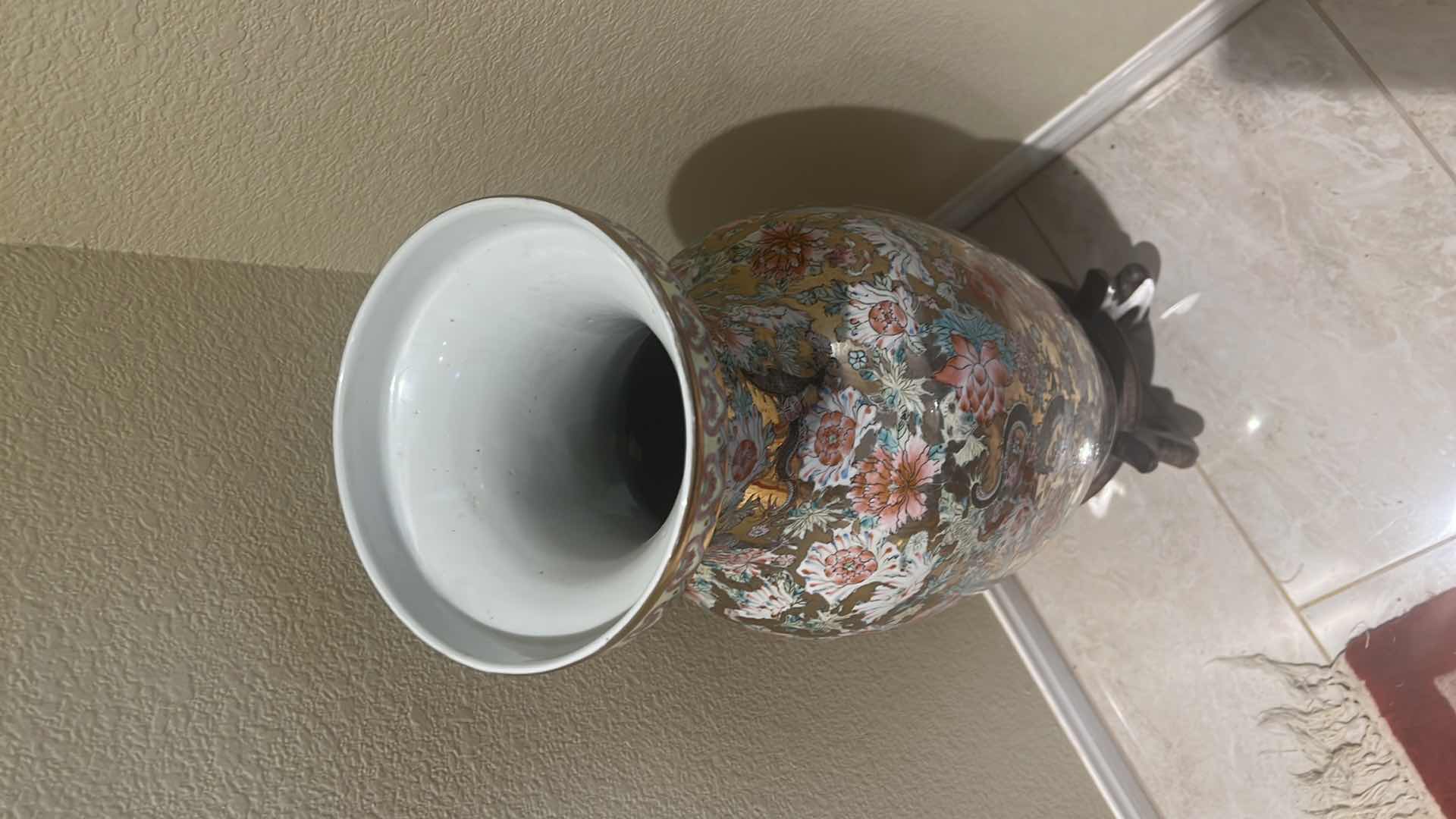 Photo 1 of CHINESE PORCELAIN VASE W WOOD STAND H32” D 9”