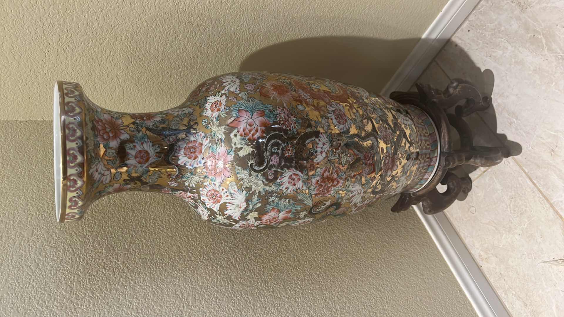 Photo 1 of CHINESE PORCELAIN VASE W WOOD STAND H32” D 9”