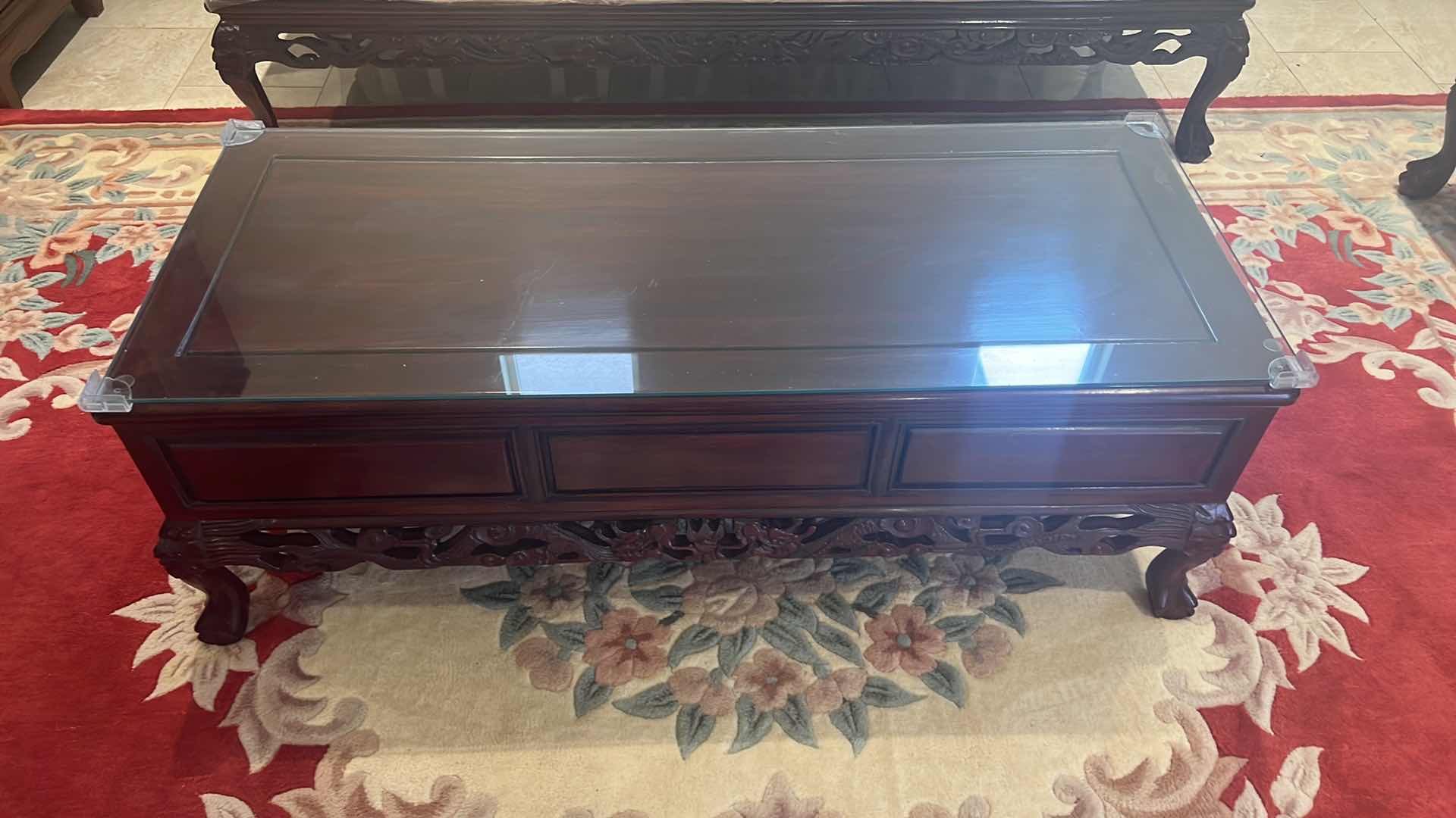 Photo 1 of VINTAGE CHINESE ROSEWOOD HANDCARVED COFFEE TABLE W GLASS PROTECTIVE TOP
48” x 20” H16”