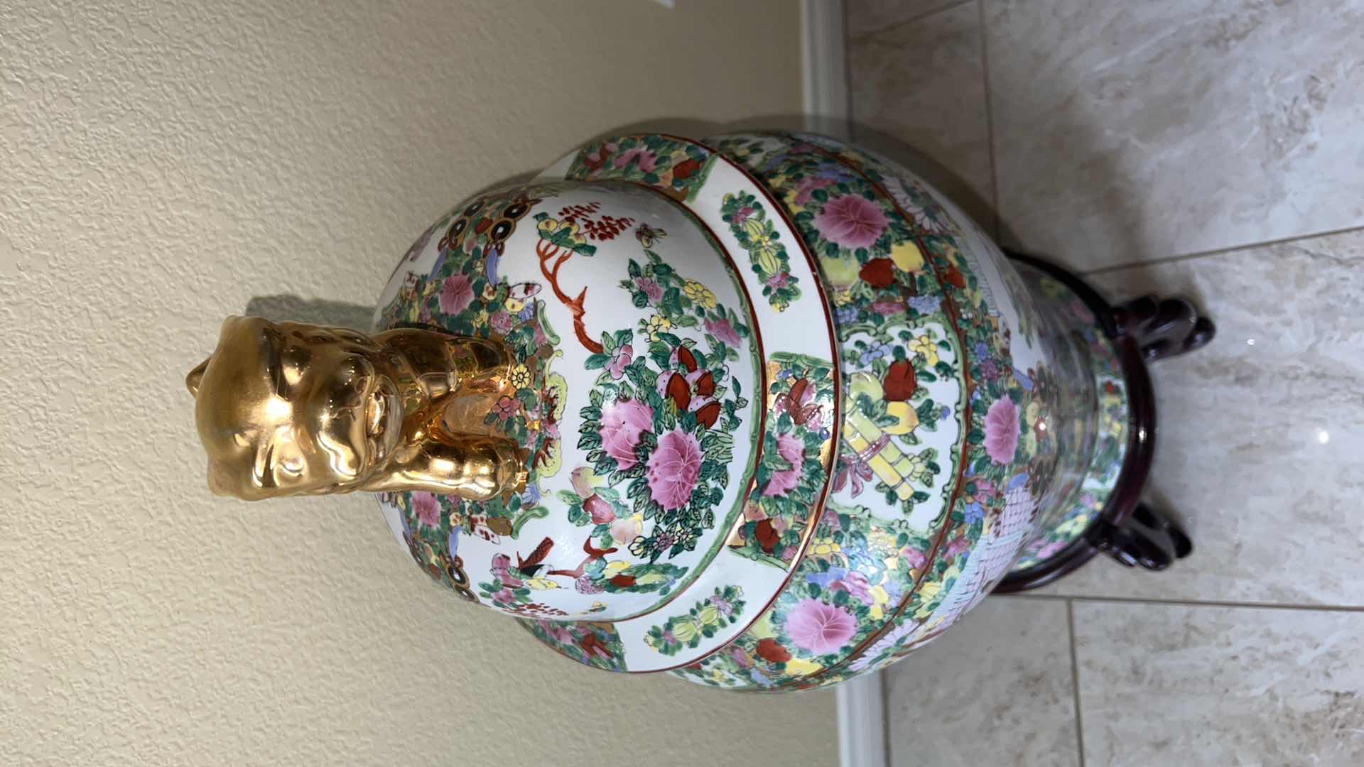 Photo 1 of CHINESE ROSE MEDALLION PORCELAIN COVERED URN ON WOOD STAND H32” D12”