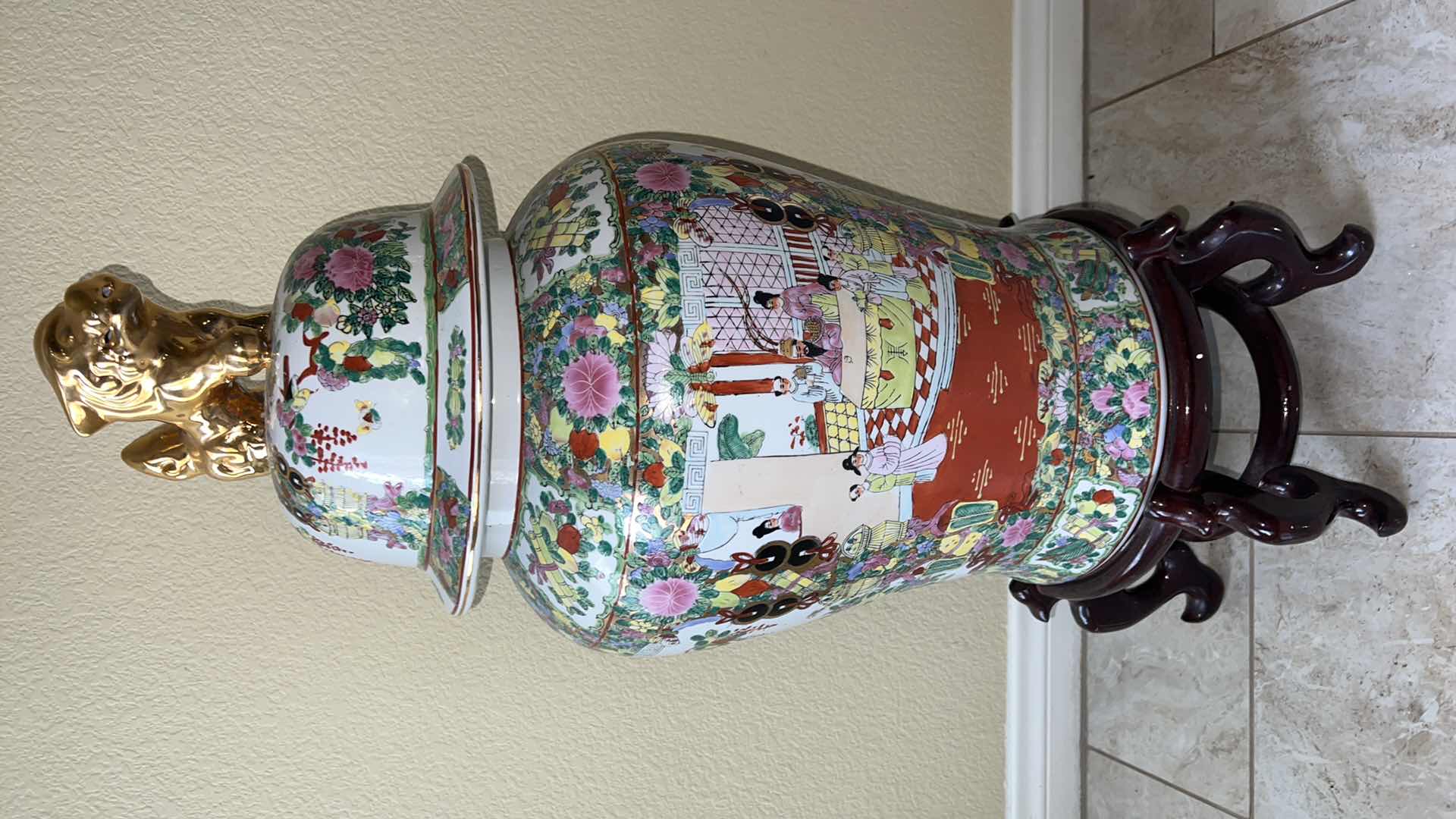 Photo 1 of CHINESE ROSE MEDALLION PORCELAIN COVERED URN ON WOOD STAND H32” D12”