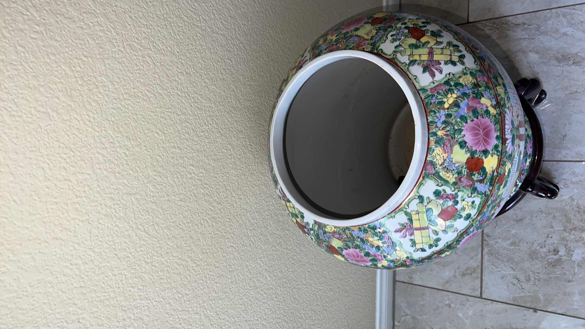 Photo 1 of CHINESE ROSE MEDALLION PORCELAIN COVERED URN ON WOOD STAND H32” D12”