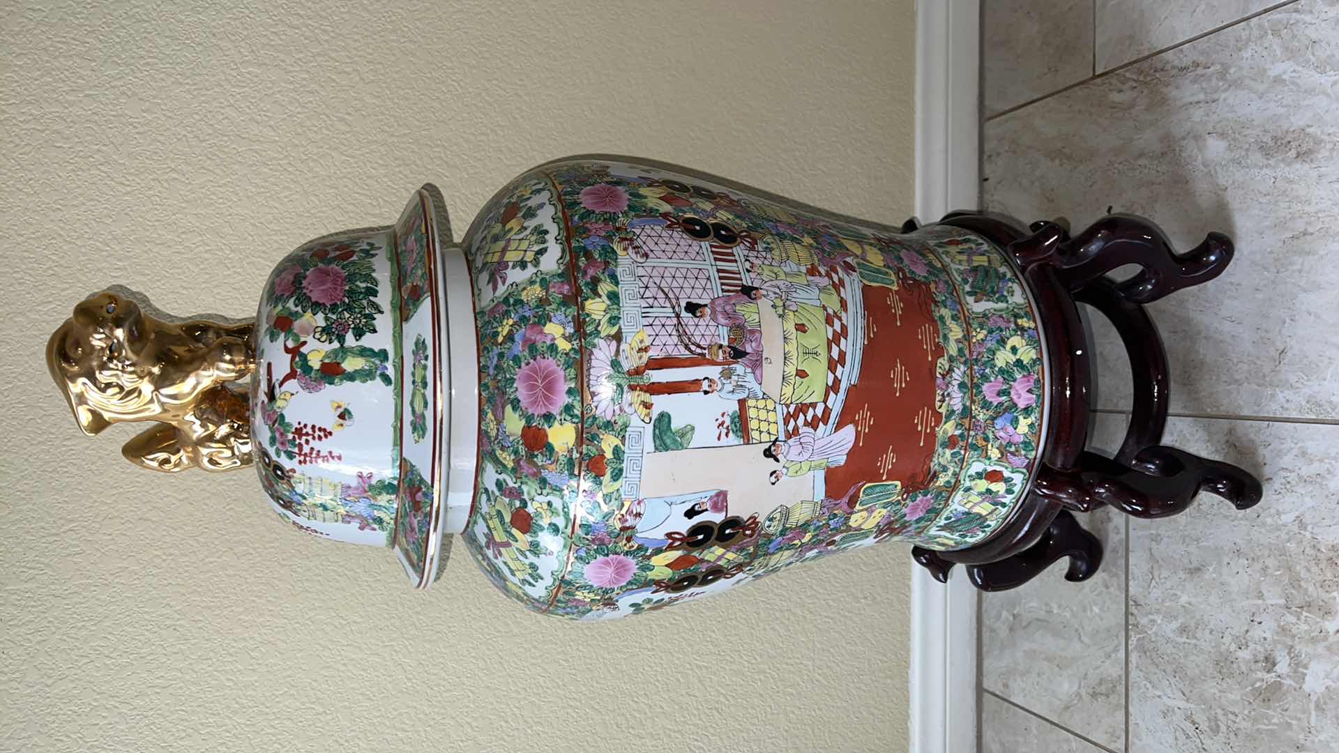 Photo 1 of CHINESE ROSE MEDALLION PORCELAIN COVERED URN ON WOOD STAND H32" D12"