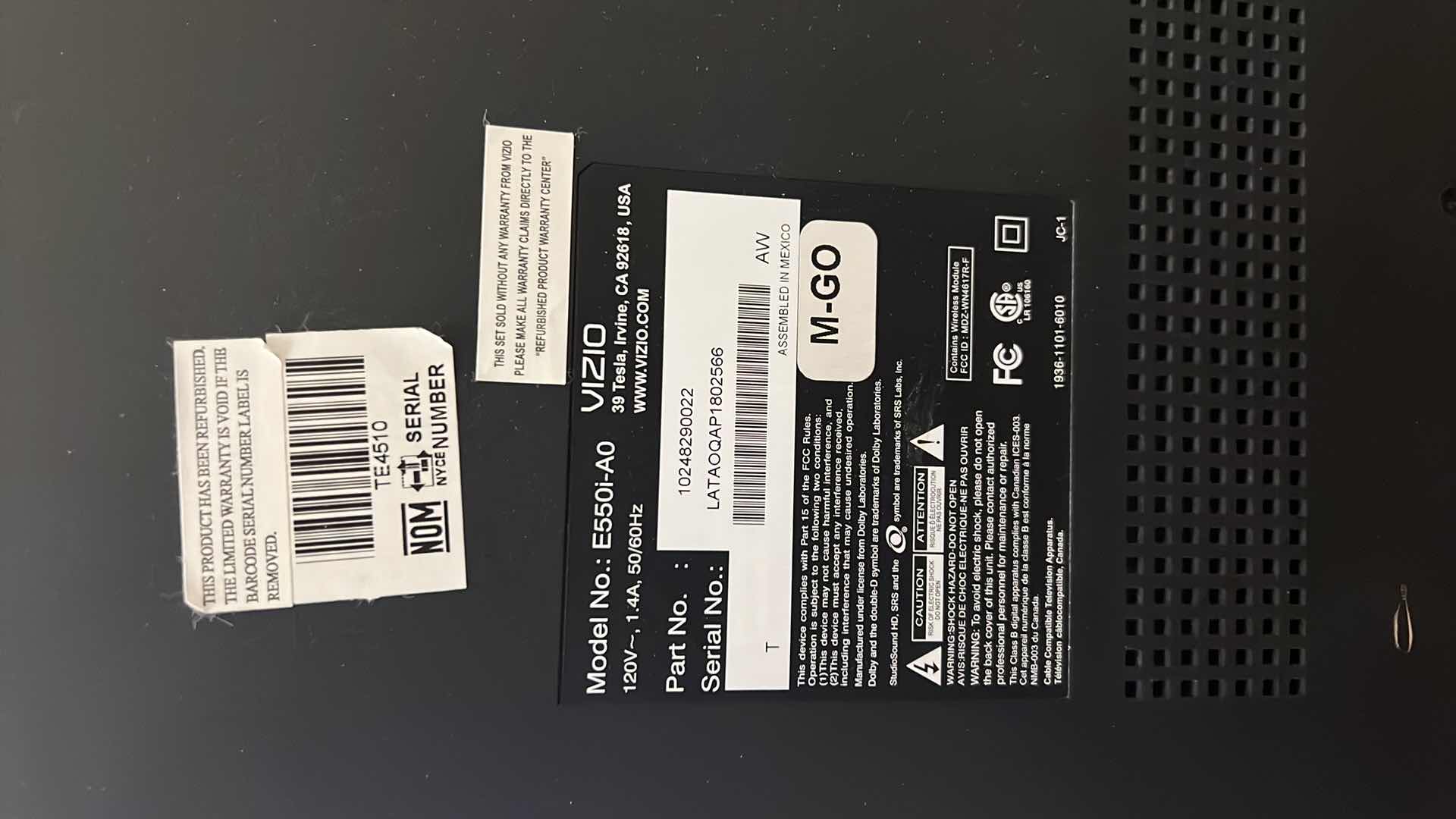 Photo 1 of 54” VIZIO TV W REMOTE ON SWIVEL STAND