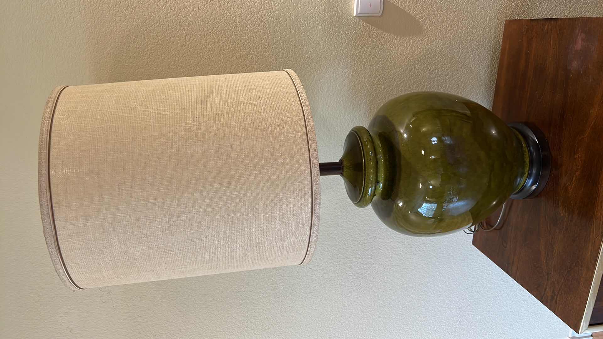 Photo 1 of VINTAGE OLIVE GREEN  CERAMIC TABLE LAMP W LINEN SHADE H40”
