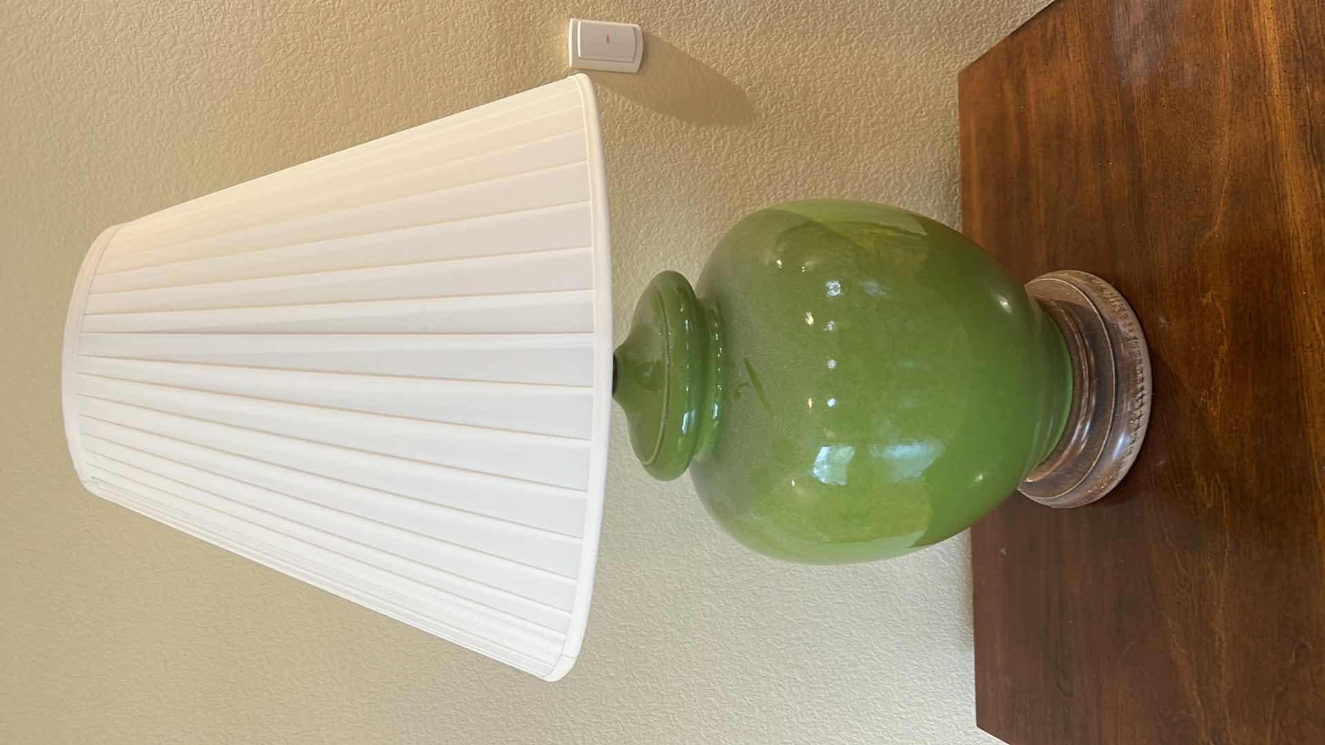 Photo 1 of VINTAGE LIME GREEN CERAMIC TABLE LAMP W PLEATED SHADE H30”