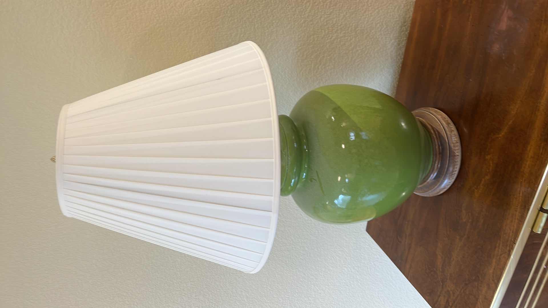 Photo 1 of VINTAGE LIME GREEN CERAMIC TABLE LAMP W PLEATED SHADE H30”