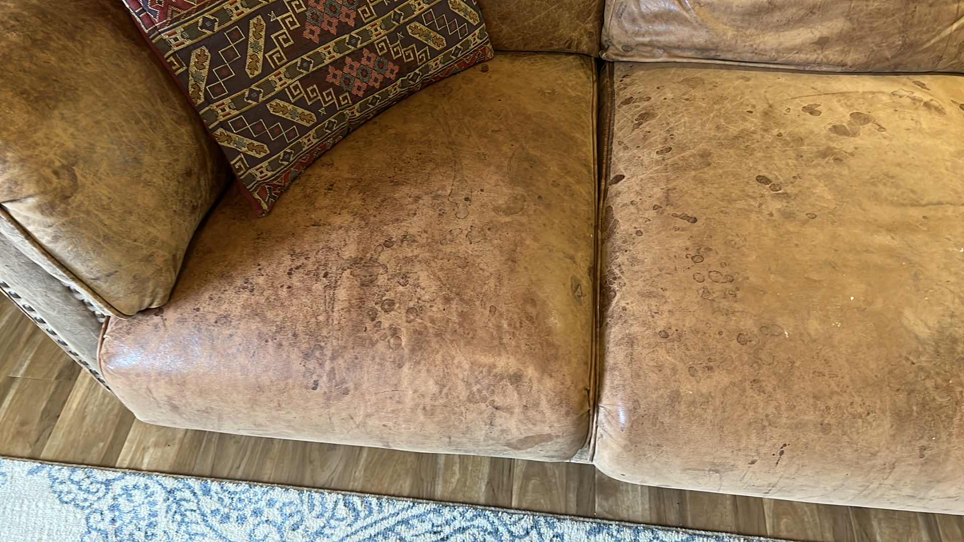 Photo 1 of 6’ TAN DISTRESSED LEATHER SOFA W NAILHEADS STUDDED TRIM (SEE PICTURES FOR WEAR)