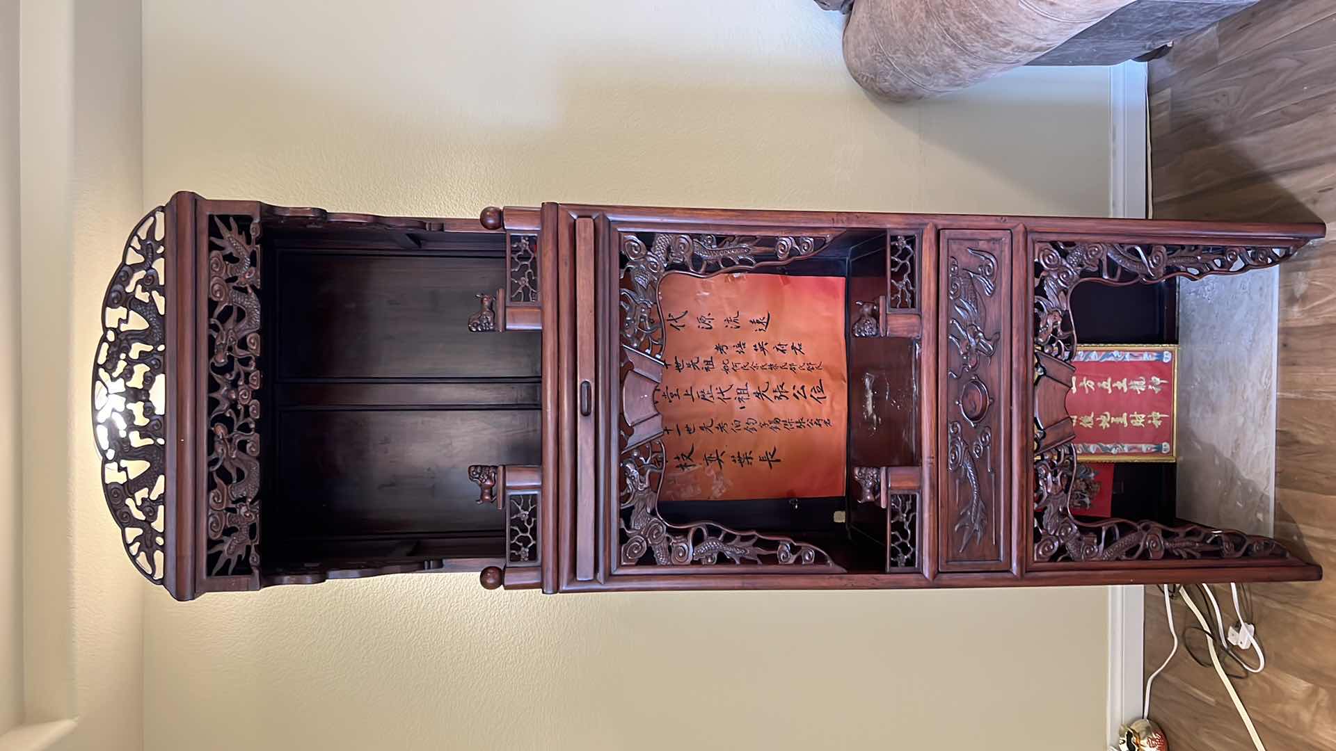 Photo 1 of ANTIQUE CHINESE HAND-CARVED ROSEWOOD ALTER CABINET 27” x 18” H86”