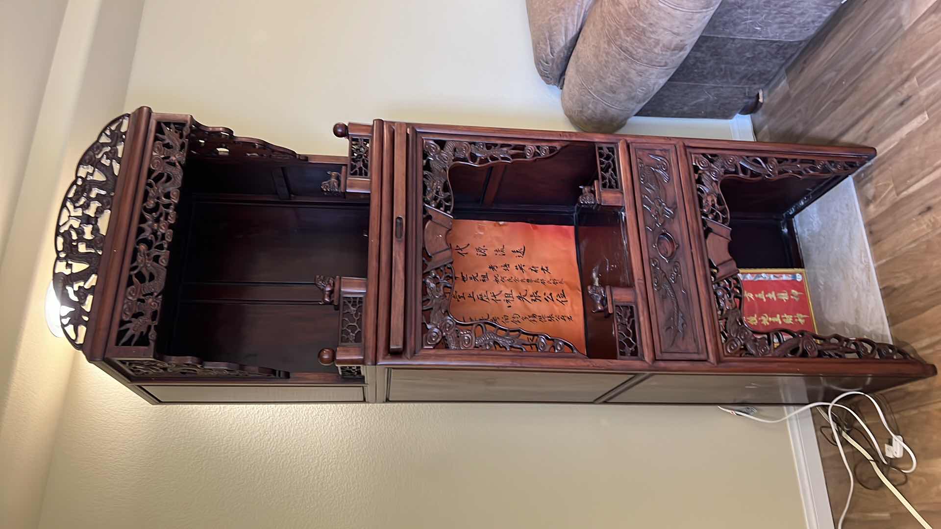 Photo 1 of ANTIQUE CHINESE HAND-CARVED ROSEWOOD ALTER CABINET 27” x 18” H86”