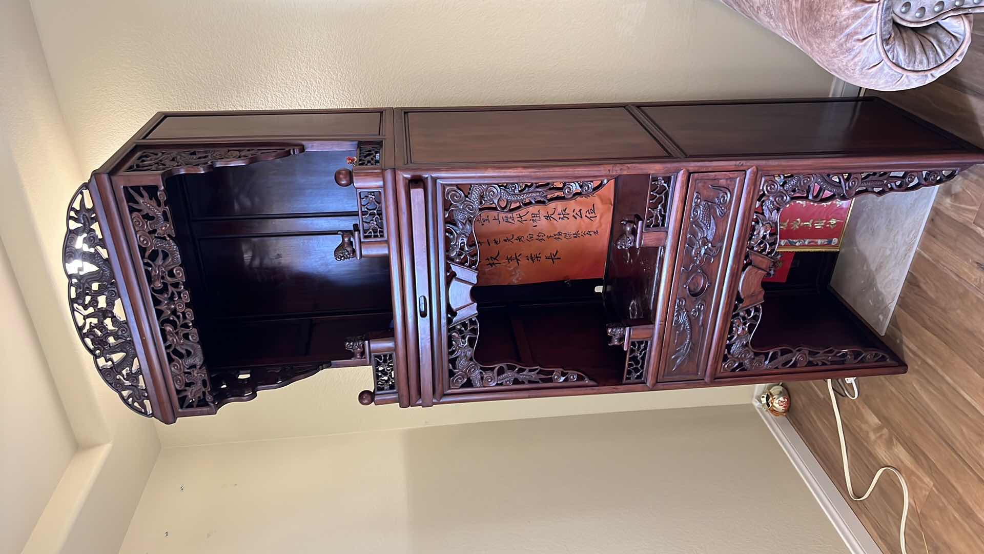 Photo 1 of ANTIQUE CHINESE HAND-CARVED ROSEWOOD ALTER CABINET 27” x 18” H86”