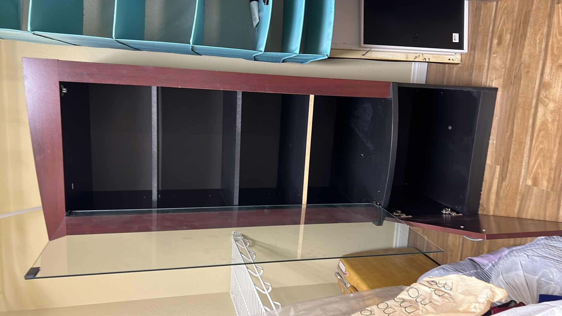 Photo 1 of PRESSED CHERRY WOOD W BLACK SHELVING UNIT STORAGE CABINET 23” x 21” H71”