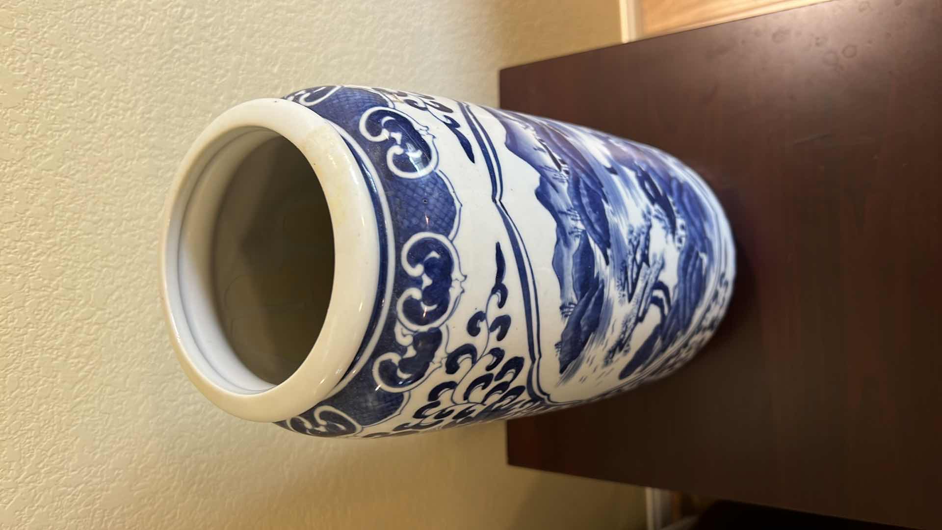 Photo 1 of 8” ROUND BLUE W WHITE PORCELAIN VASE H17”