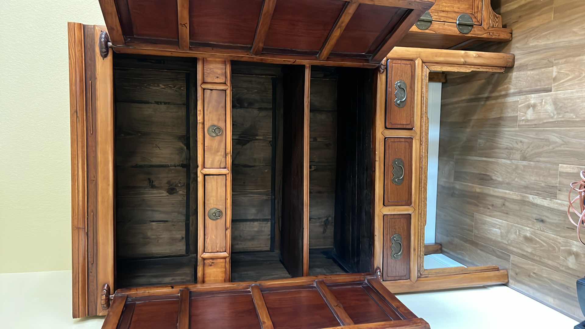 Photo 1 of VINTAGE DISTRESSED TWO-TONE KNOTTY PINEWOOD CABINET W DRAWERS W BRASS HARDWARE 41” x 22” H72”