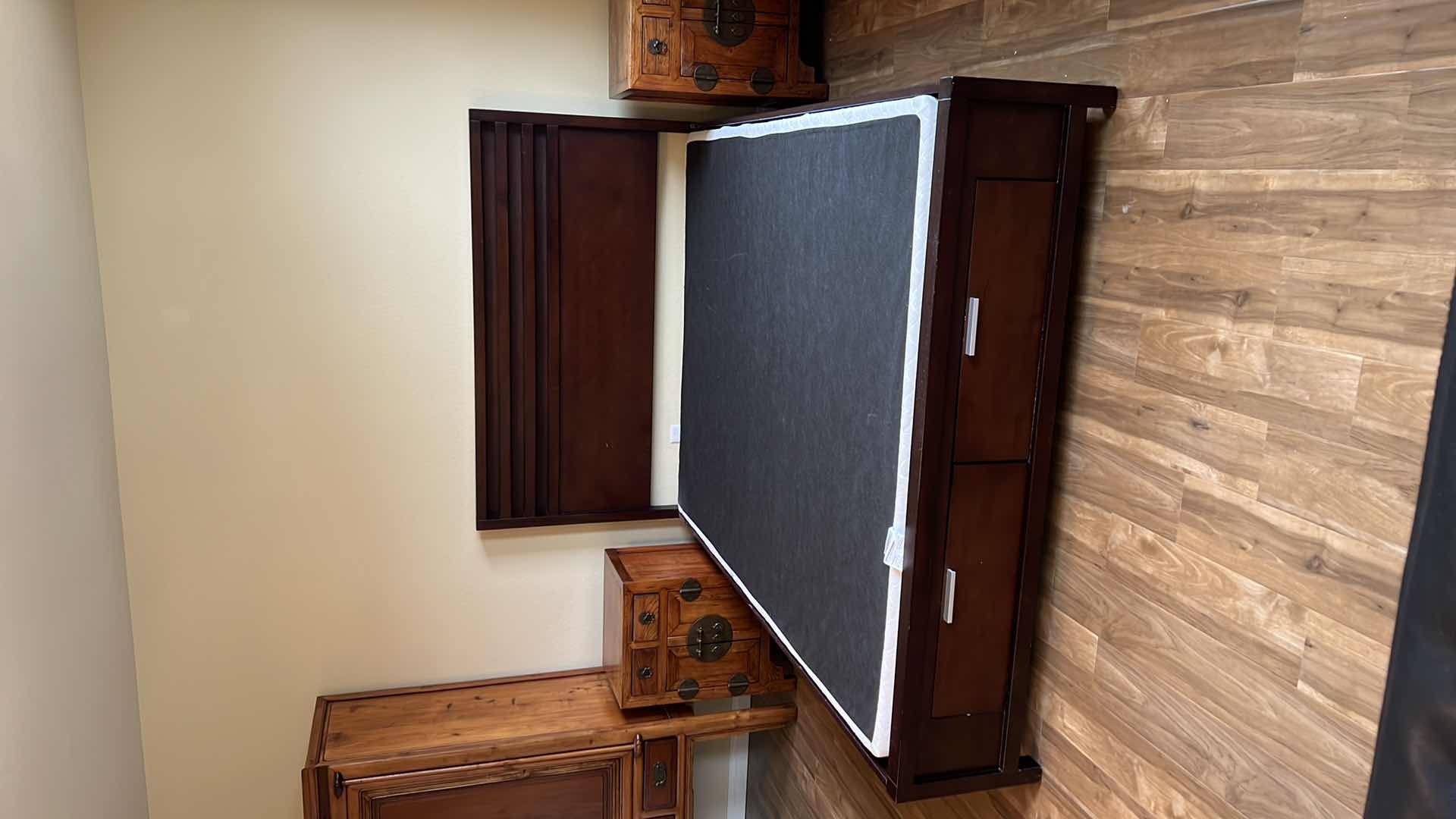 Photo 1 of QUEEN WALNUT WOOD PLATFORM BED FRAME W BOX SPRING (NO MATTRESS)