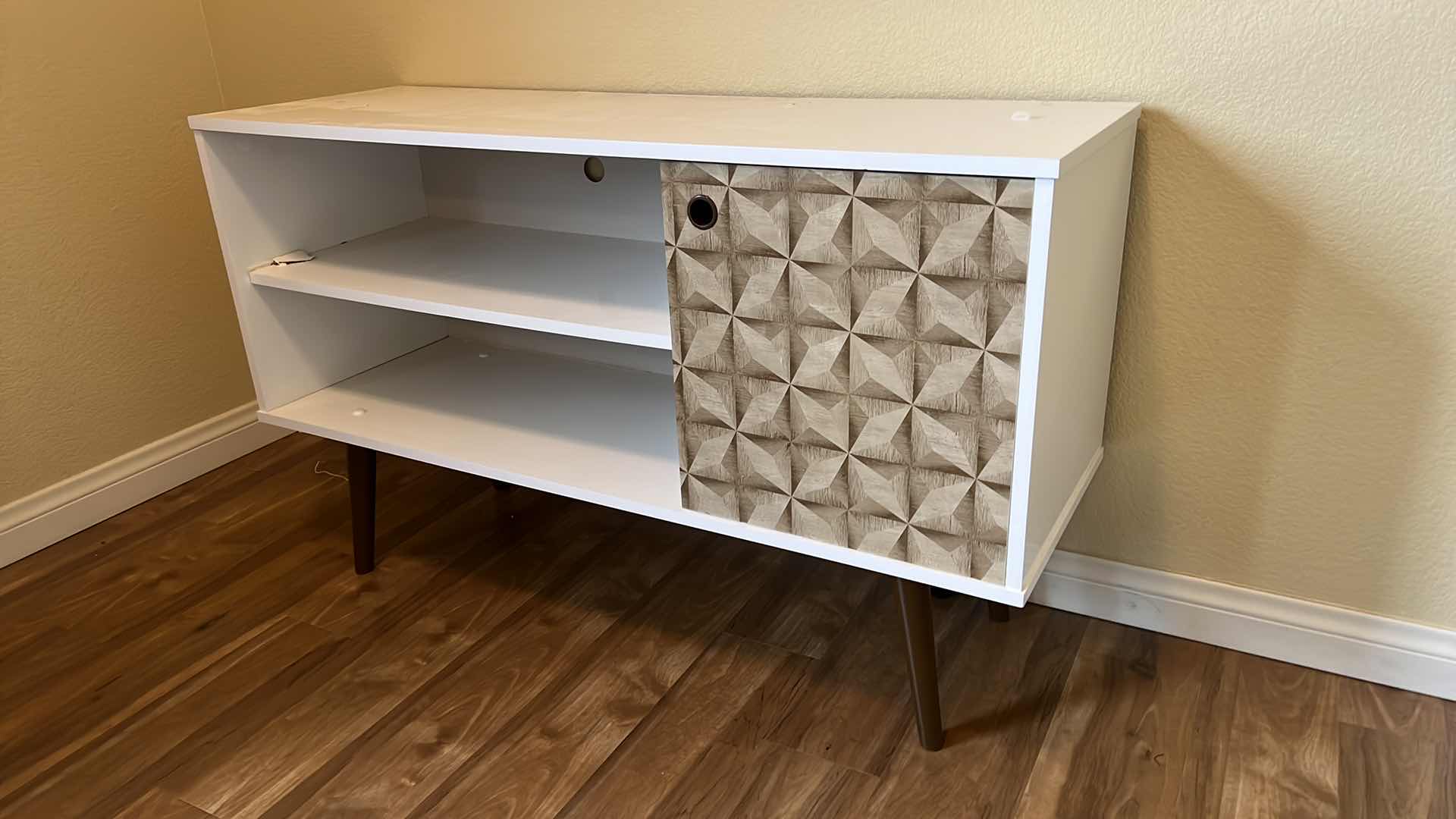 Photo 2 of RETRO VINTAGE WHITE PRESSED WOOD ENTERTAINMENT CABINET 43” x 15” H26”