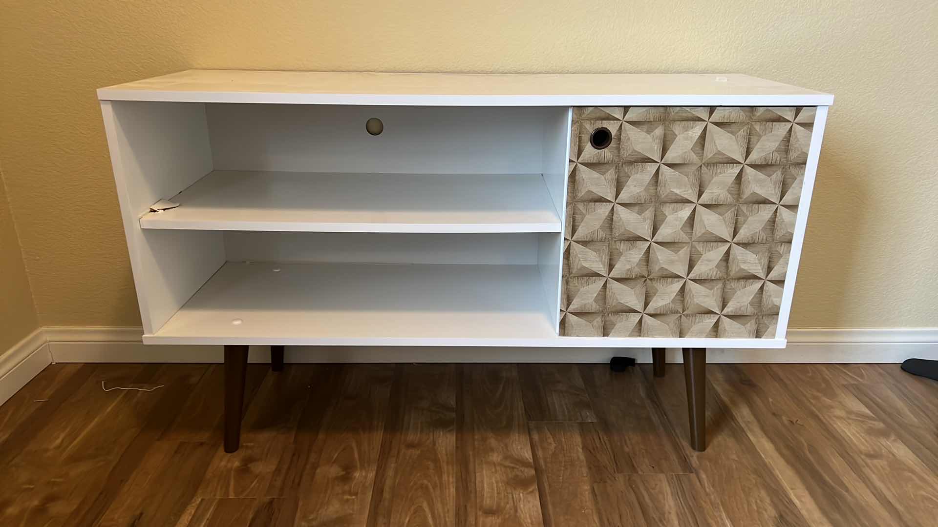 Photo 1 of RETRO VINTAGE WHITE PRESSED WOOD ENTERTAINMENT CABINET 43” x 15” H26”