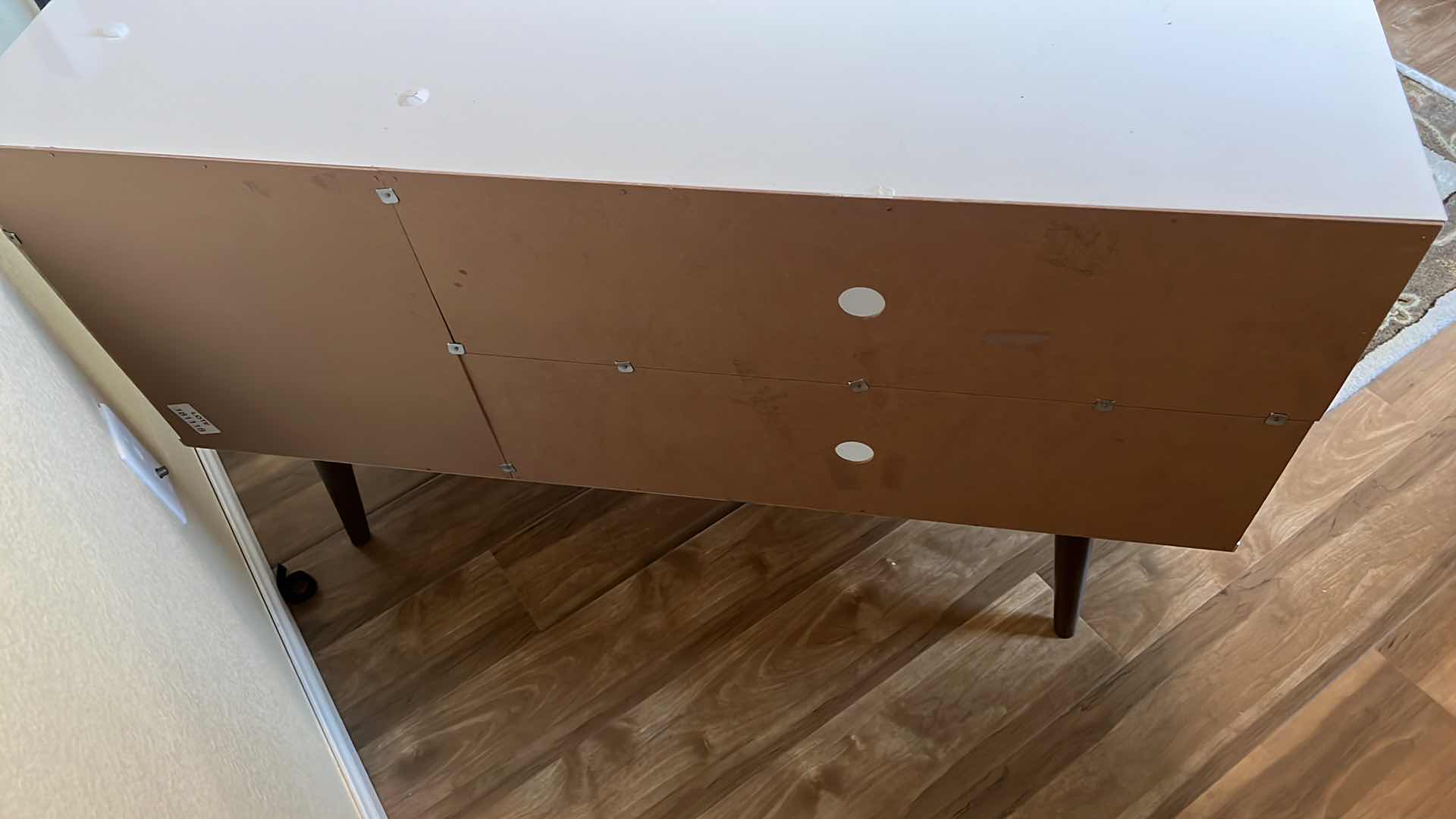 Photo 1 of RETRO VINTAGE WHITE PRESSED WOOD ENTERTAINMENT CABINET 43” x 15” H26”