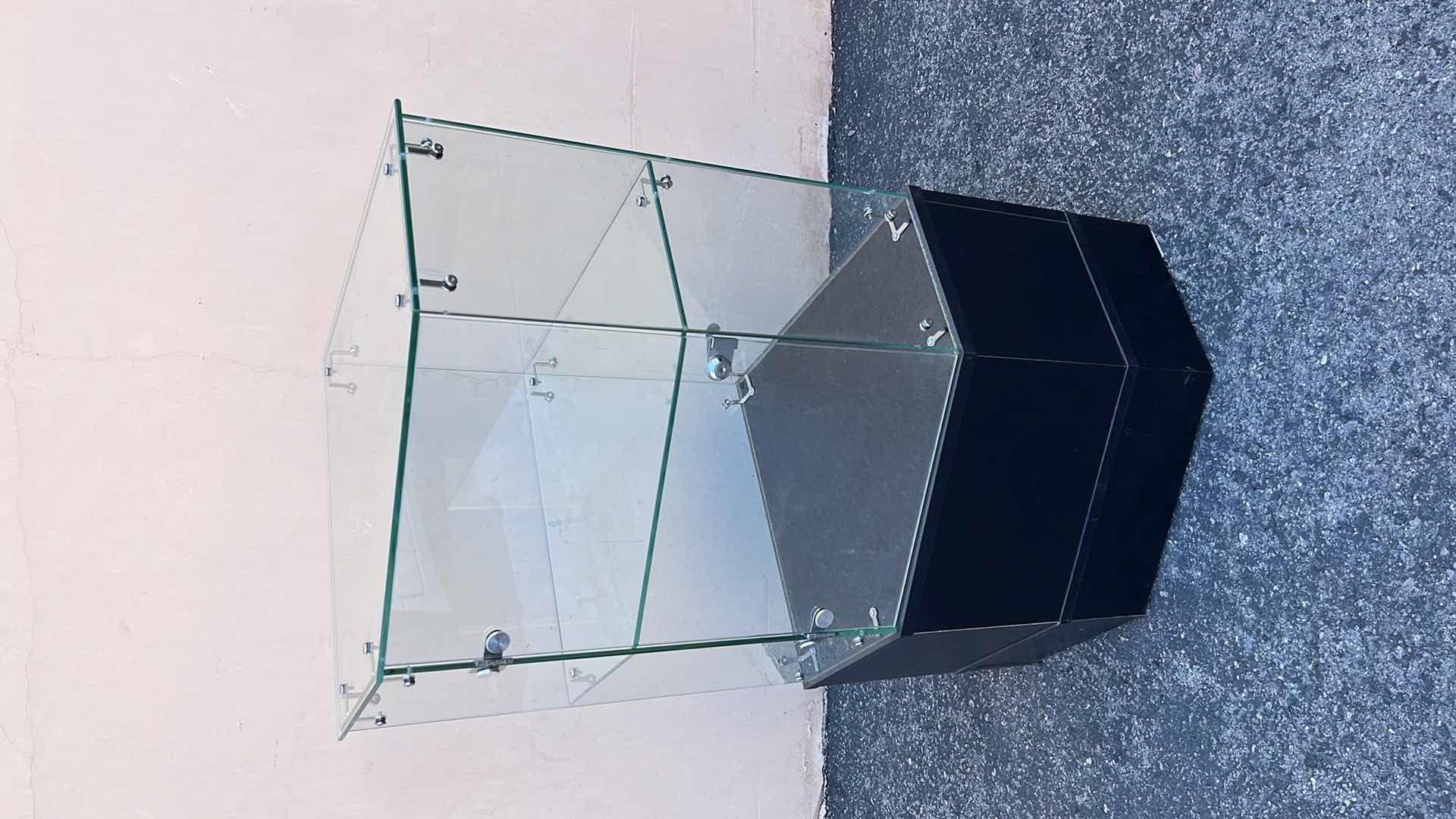Photo 1 of CORNER GLASS DISPLAY CASE 18” X 18” H38.25” (1)