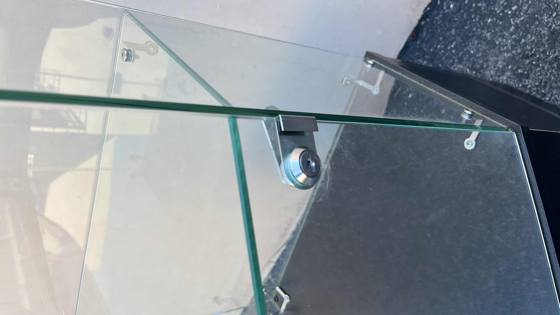 Photo 1 of CORNER GLASS DISPLAY CASE 18” X 18” H38.25” (1)