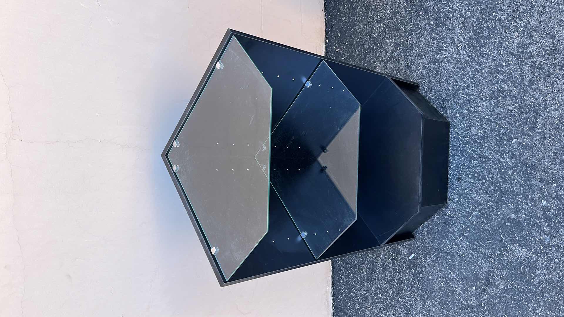 Photo 1 of CORNER DISPLAY CASE W GLASS SHELVING 18” X 18” H38.25” (1)