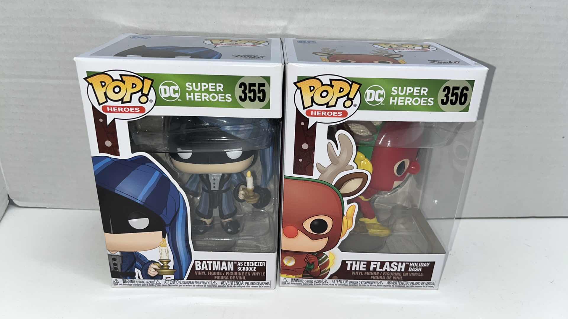 Photo 1 of NIB FUNKO POP HEROES VINYL FIGURE, DC SUPER HEROES #355 BATMAN AS EBENEZER SCROOGE & #356 THE FLASH HOLIDAY DASH (2)