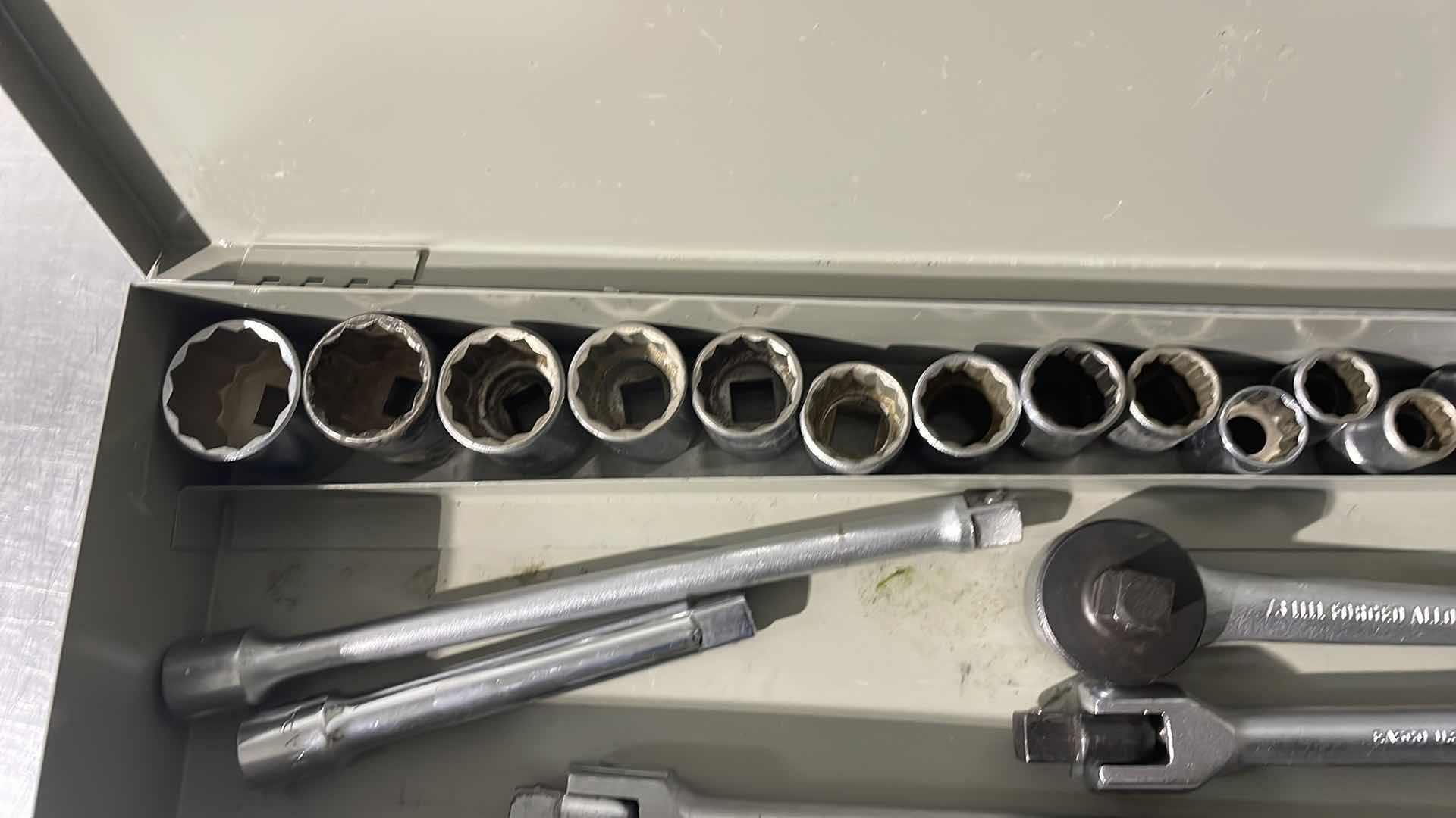 Photo 1 of 1/2” BREAKER BARS RATCHET EXTENSIONS AND SOCKETS USA IN METAL CASE