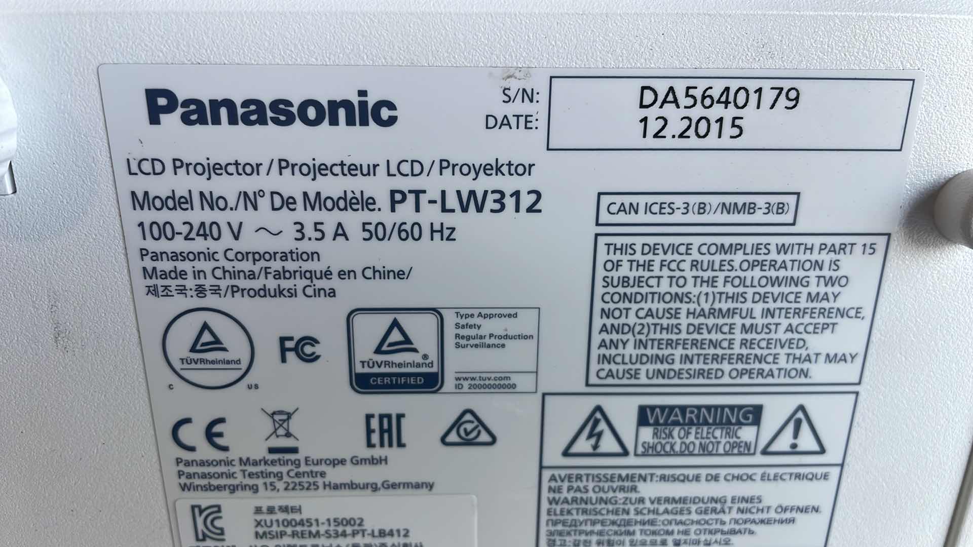 Photo 1 of PANASONIC PT-LW312 LCD PROJECTOR