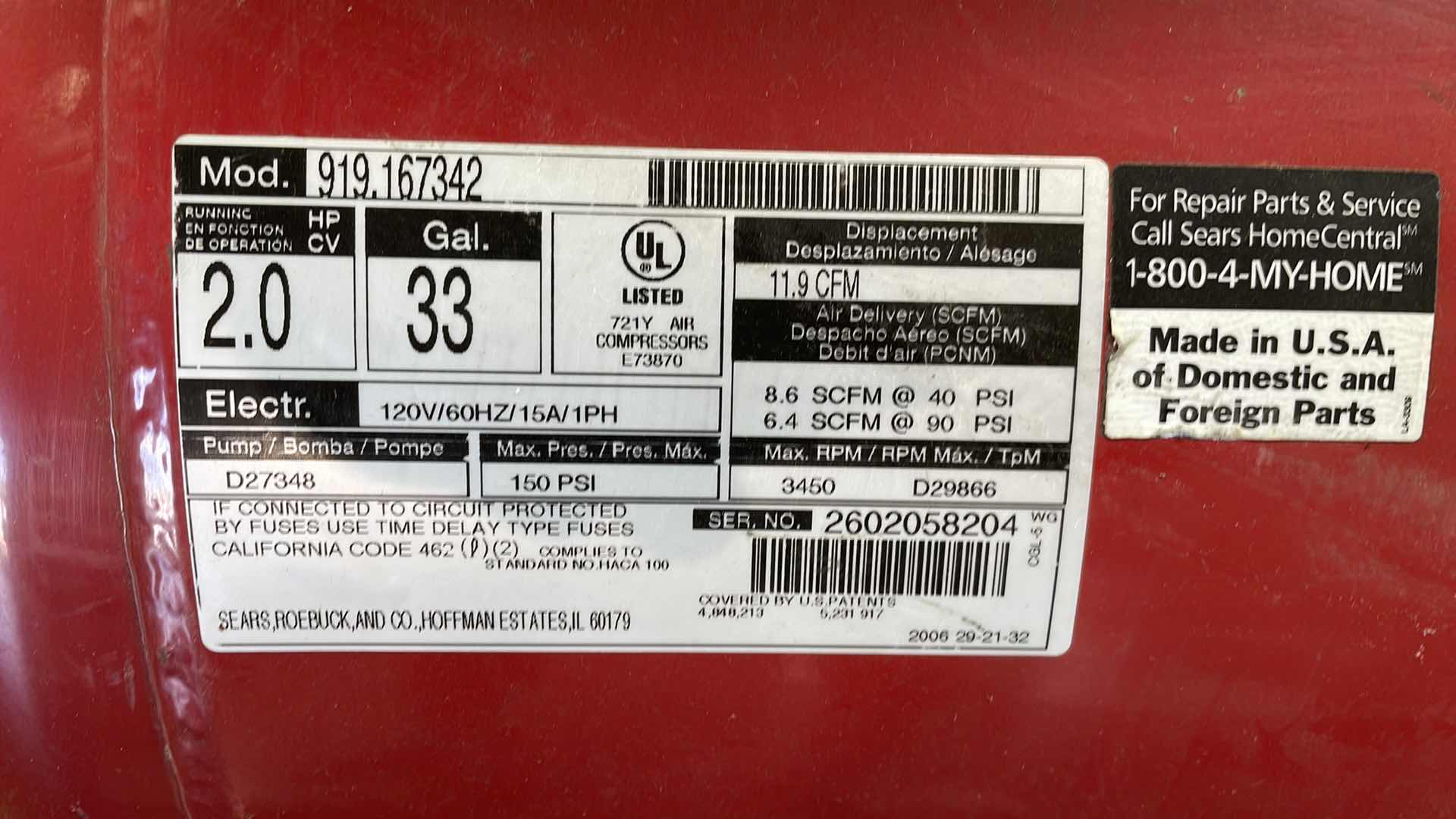 Photo 1 of CRAFTSMAN 33GALLON AIR COMPRESSOR 2HP 150PSI