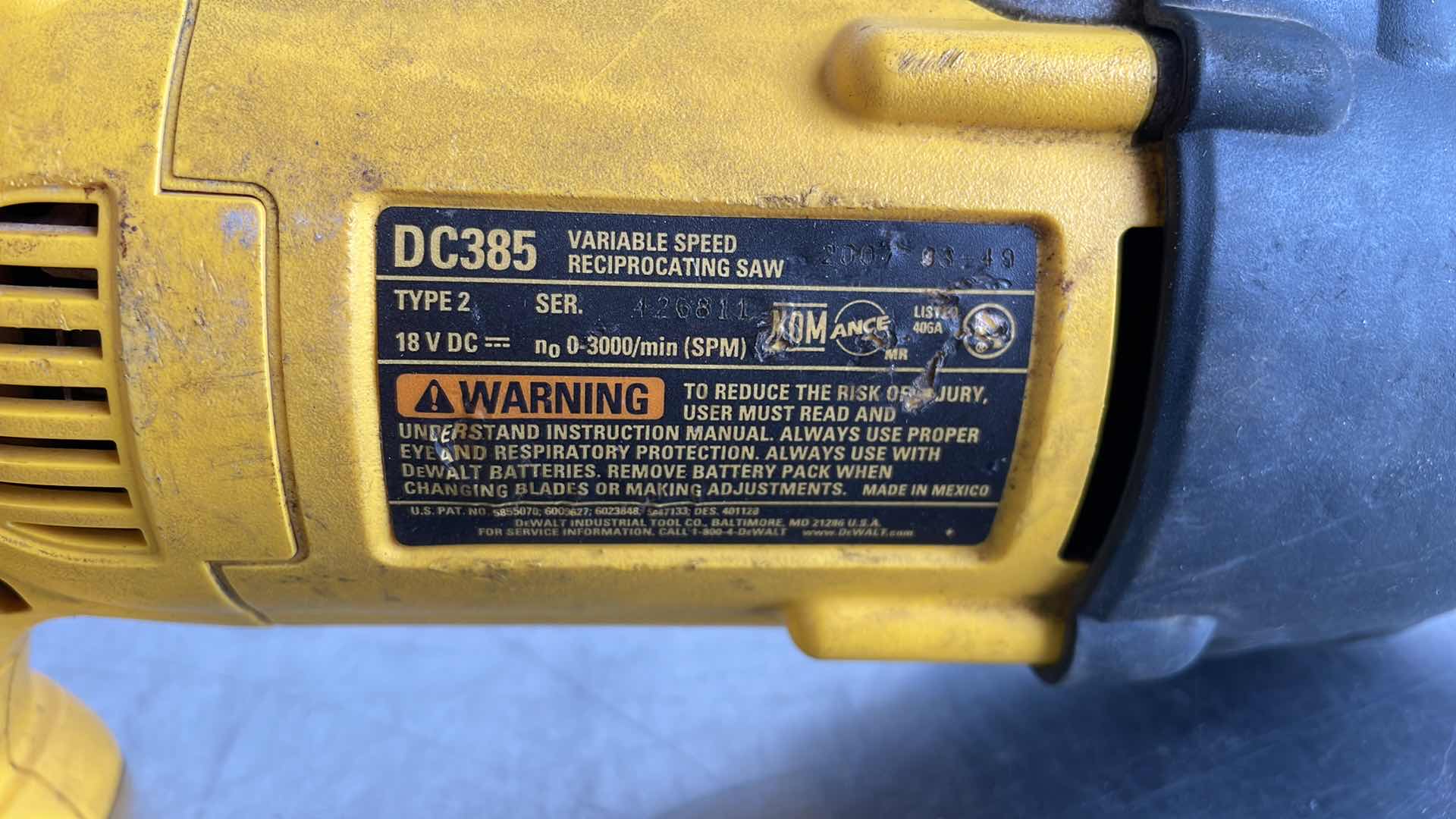 Photo 3 of DEWALT VARIABLE SPEED RECIPROCATING SAW DC 385 18v
