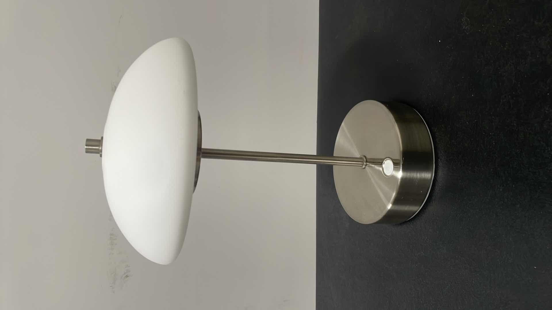 Photo 1 of CRAFTMADE INDOOR RECHARGEABLE DIMMABLE LED PORTABLE LAMP WITH GLASS SHADE, BRUSHED POLISHED NICKEL, 86270R-LED