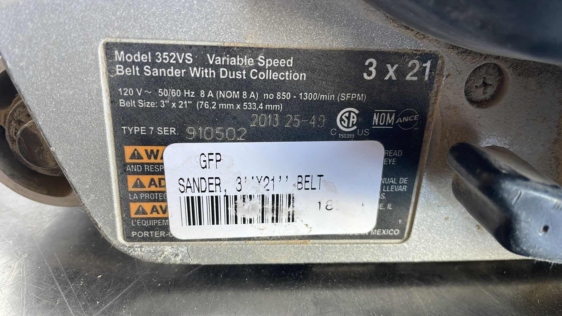 Photo 1 of PORTER CABLE VARIABLE SPEED BELT SANDER WITH DUST COLLECTION BELT SIZE 3” X 21”