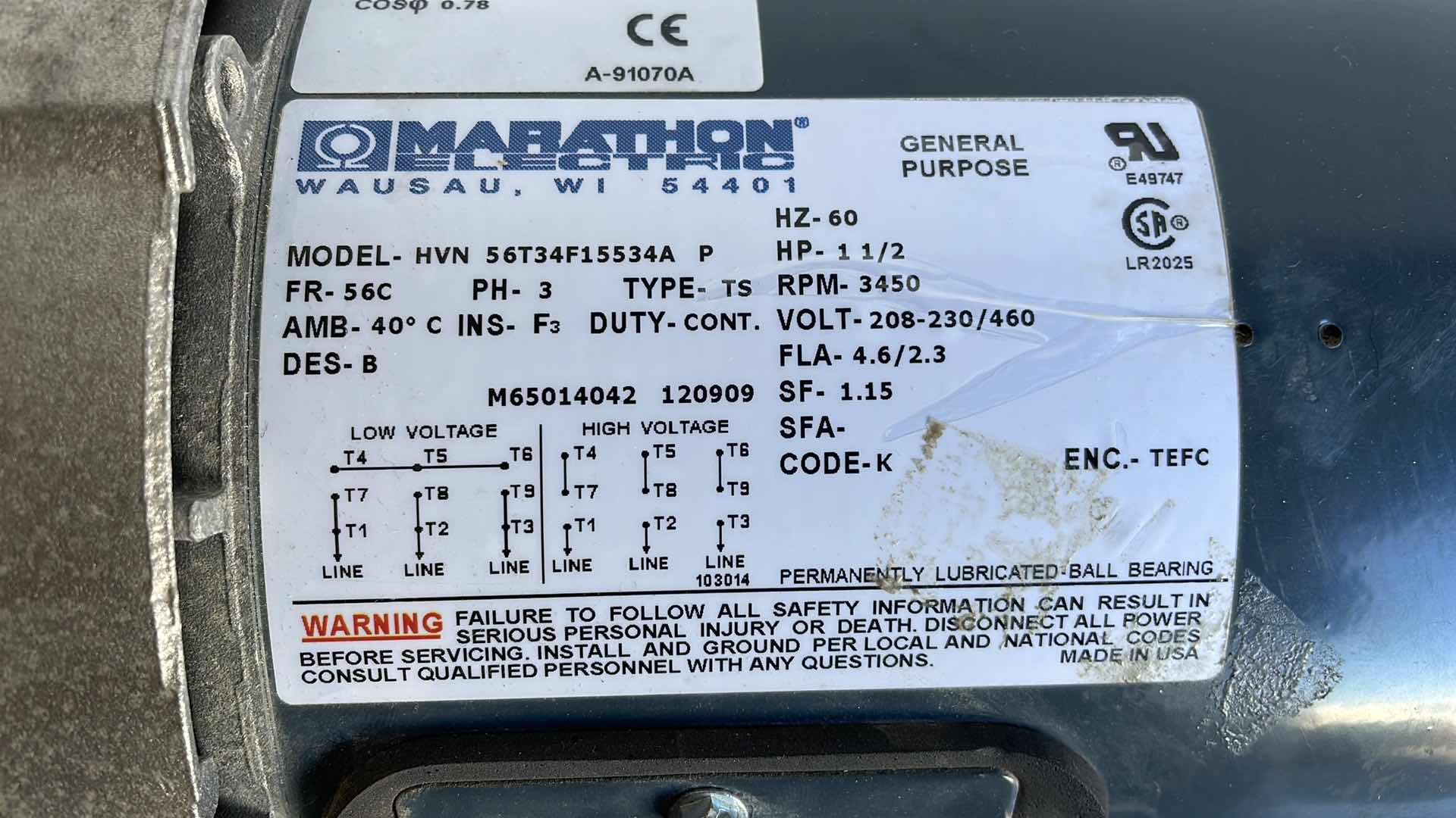 Photo 1 of MARATHON ELECTRIC GENERAL PURPOSE MOTOR
1-1/2 HP RPM 3450 208-230/460 VOLT
MODEL HVN 56T34F15534A P