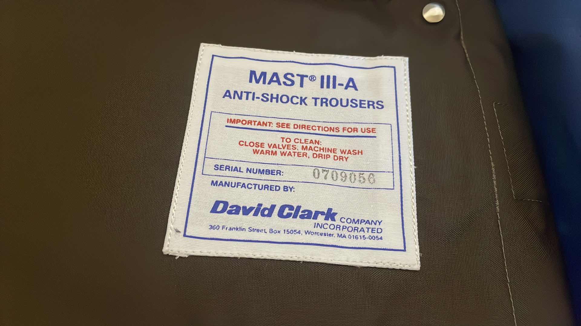 Photo 1 of DAVID CLARKE MAST III ANTI SHOCK TROUSERS WITH INFLATER ATTACHMENT