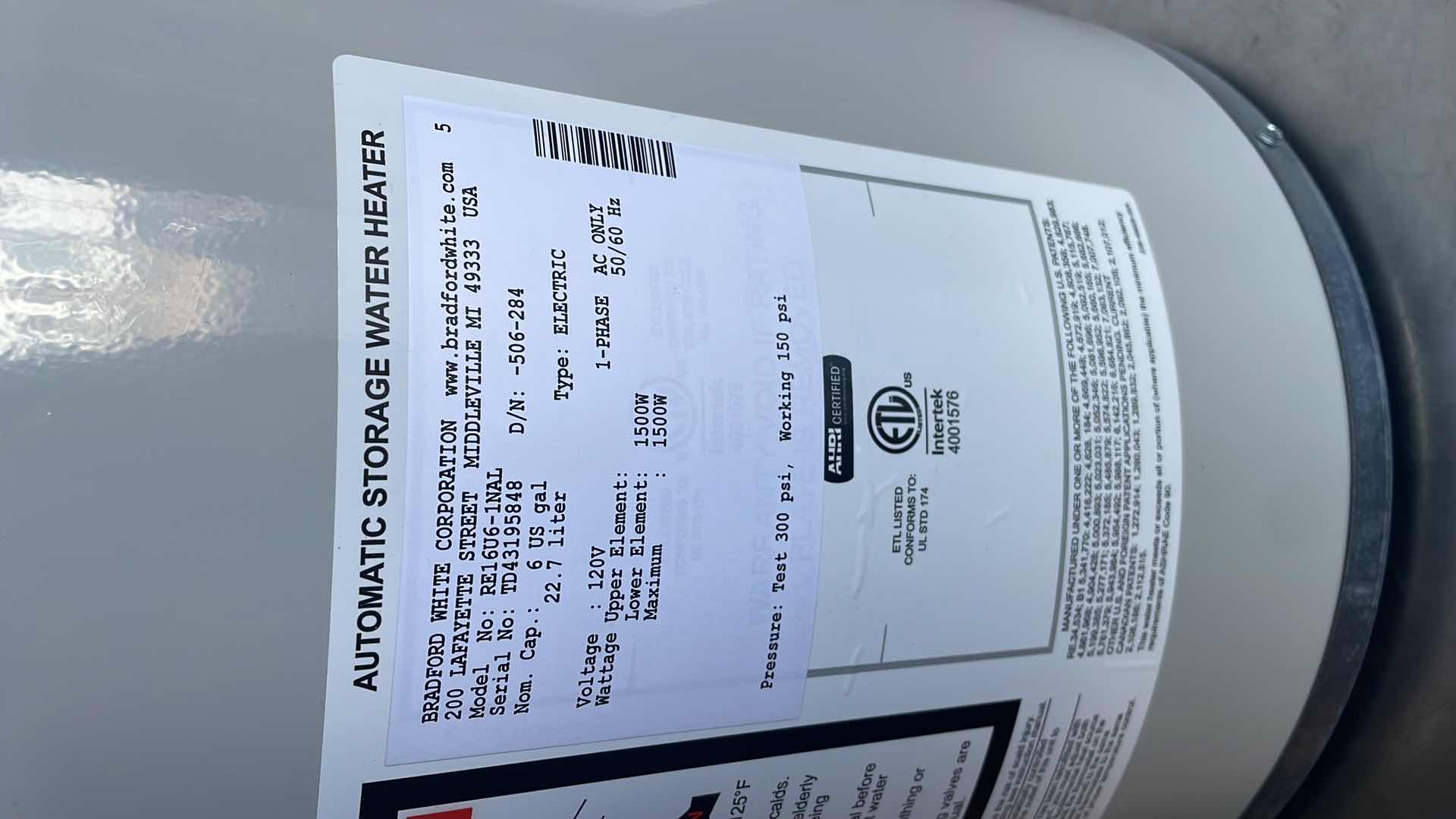 Photo 1 of BRADFORD WHITE 6 GALLON ELECTRIC WATER HEATER