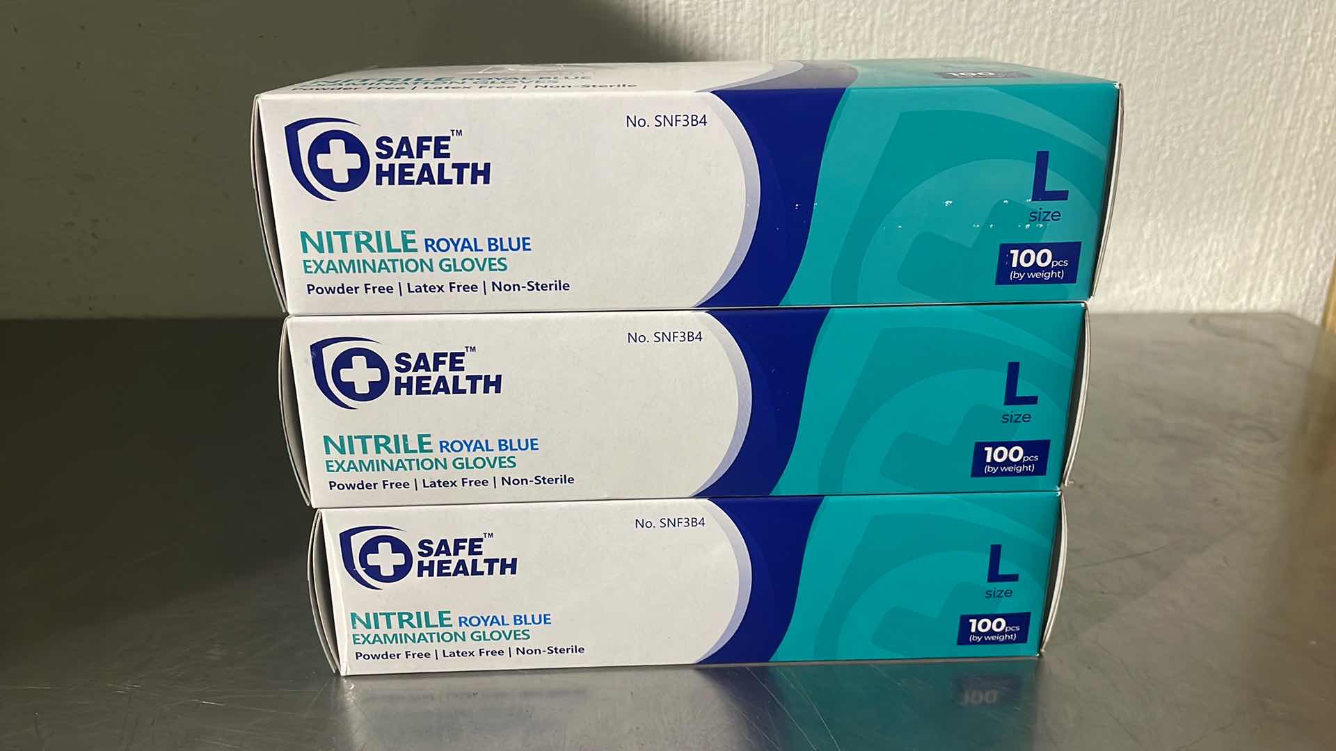 Photo 1 of SAFE HEALTH NITRILE EXAM DISPOSABLE GLOVES, LATEX FREE, POWDER FREE, BLUE, BOX OF 100, LARGE, TEXTURED, 3.5 MIL, MEDICAL GRADE, FOOD, TATTOO, NURSING, CLEANING, SCHOOL (3 BOXES)