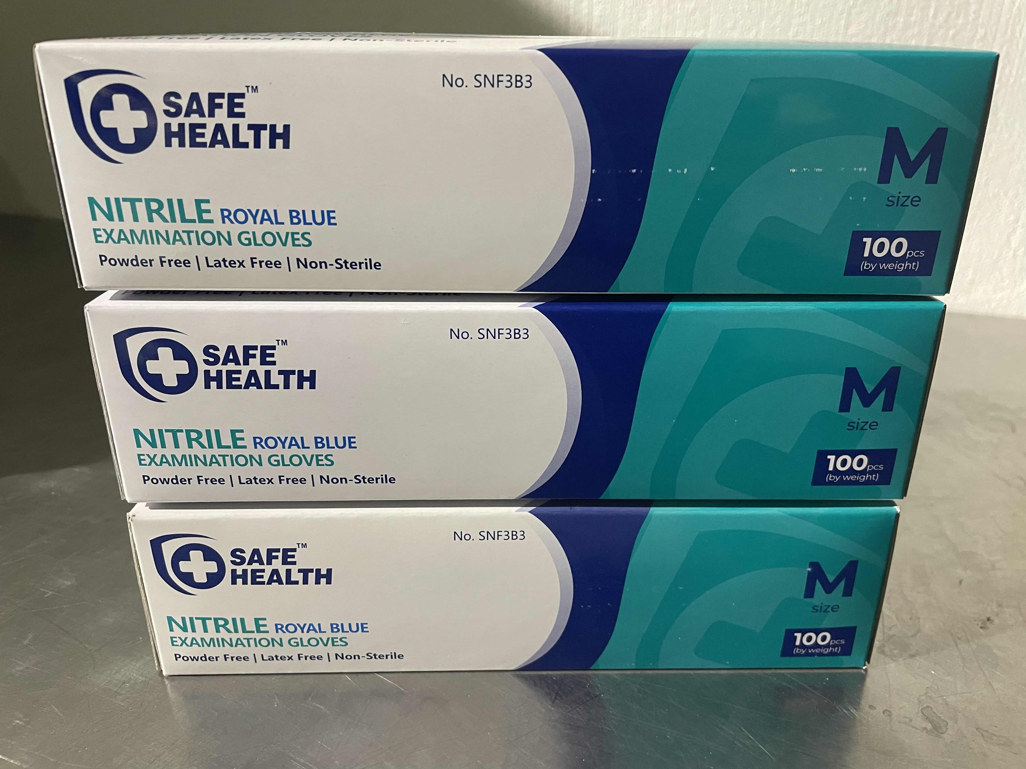 Photo 1 of SAFE HEALTH NITRILE EXAM DISPOSABLE GLOVES, LATEX FREE, POWDER FREE, BLUE, BOX OF 100, MEDIUM, TEXTURED, 3.5 MIL, MEDICAL GRADE, FOOD, TATTOO, NURSING, CLEANING, SCHOOL (3 BOXES)