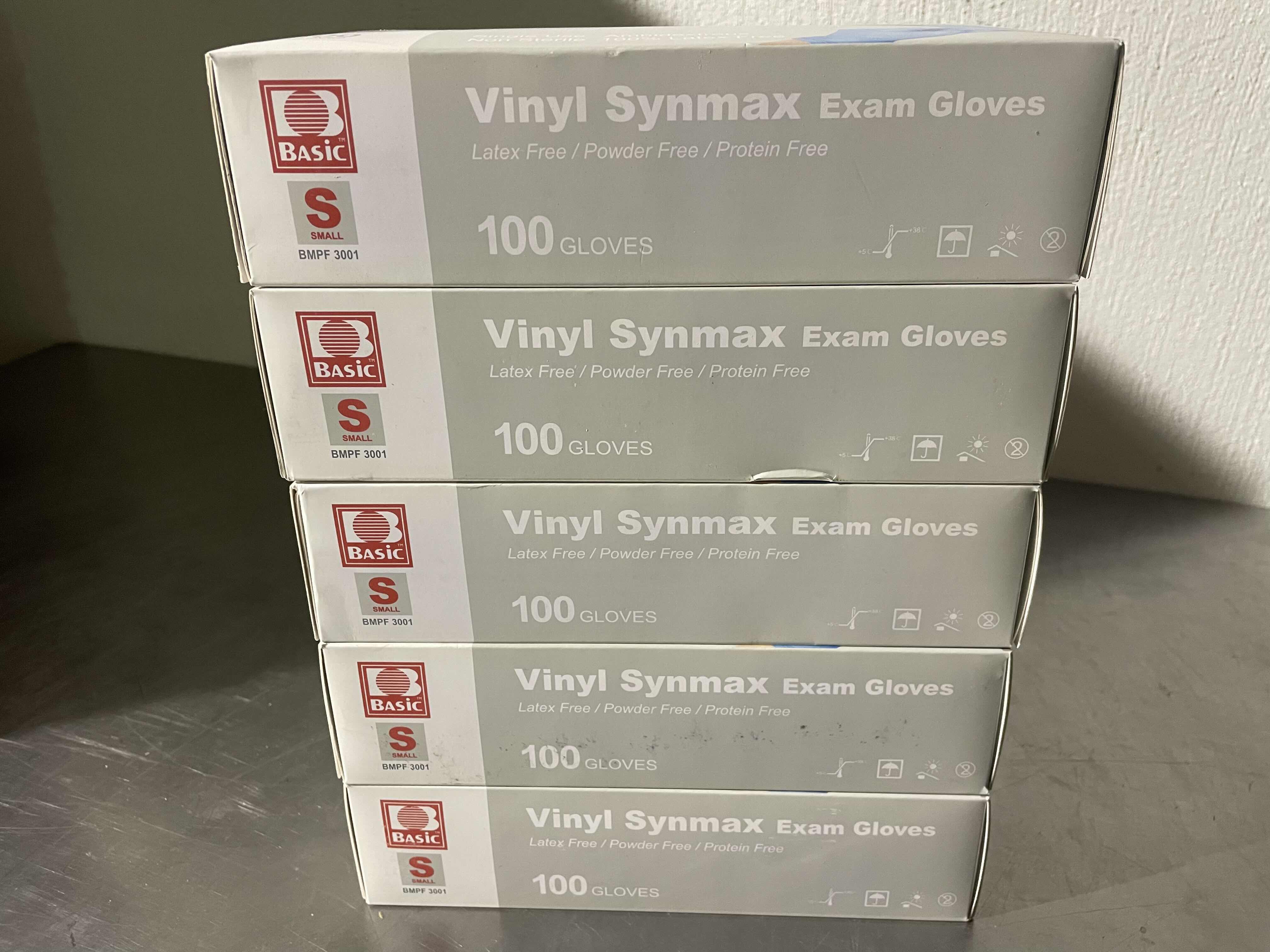 Photo 1 of BASIC SYNMAX SYNTHETIC VINYL EXAM GLOVE,POWDER FREE,SMALL,100/BOX,BLUE,BMPF-3003 (5 BOXES) EXP 1/26