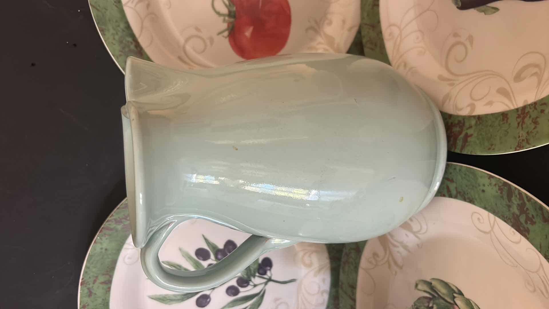 Photo 2 of KITCHEN WARE, 4 DINNER PLATES, PITCHER AND 2 COFFEE MUGS