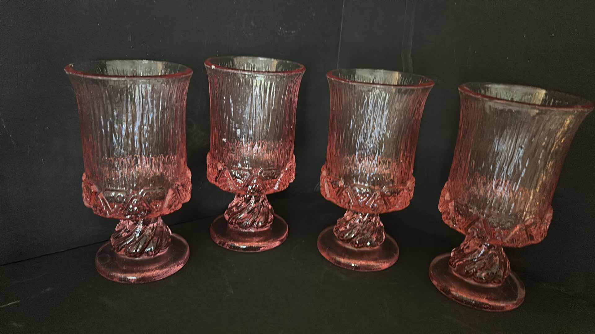 Photo 1 of 4 ELEGANT SLIM WINE GLASSES AND 4 HEAVY PRESSED PINK GLASS GOBLETS