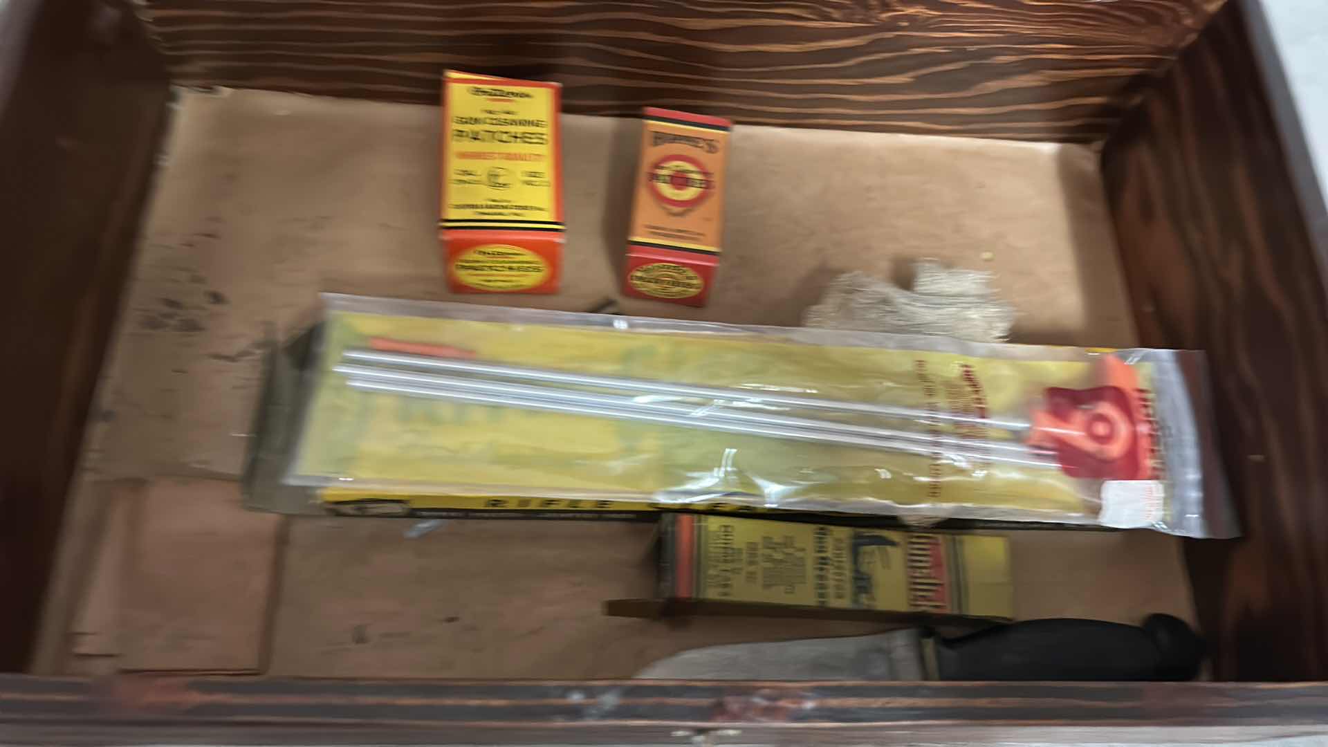 Photo 4 of OLD WOOD BOX WITH SHOTGUN CLEANING SUPPLIES