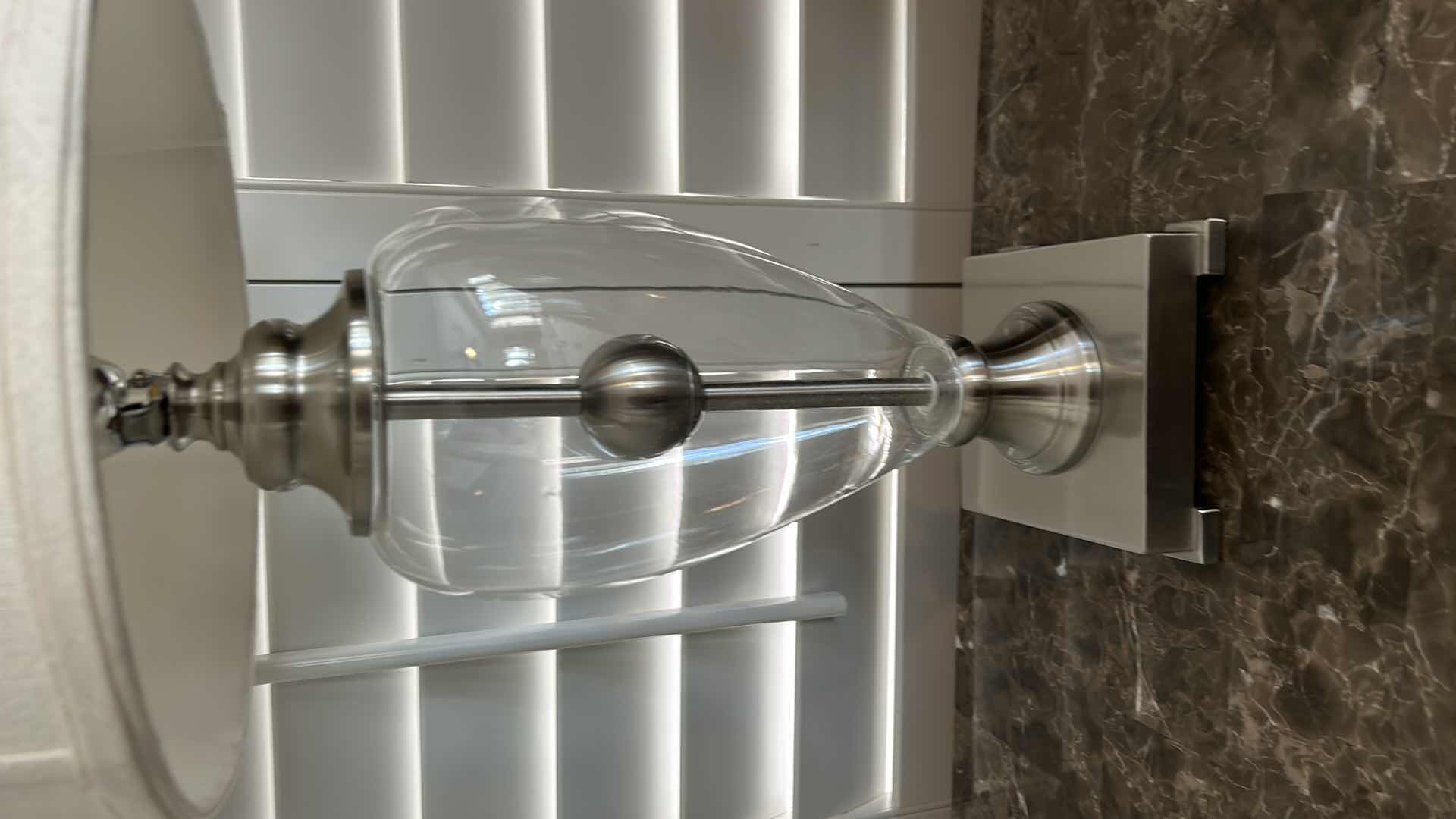 Photo 1 of CHROME AND GLASS TABLE LAMP W CREAM LINEN SHADE H28”