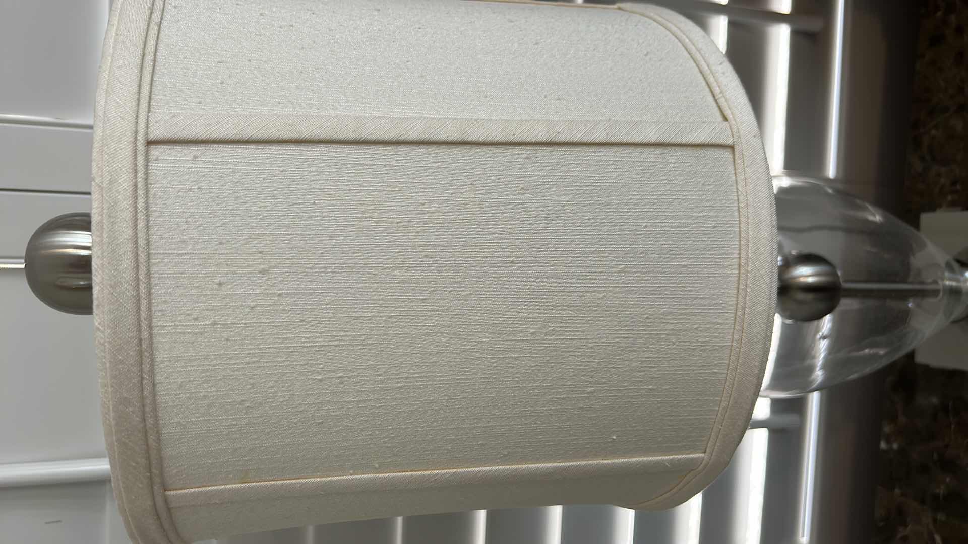 Photo 1 of CHROME AND GLASS TABLE LAMP W CREAM LINEN SHADE H28”