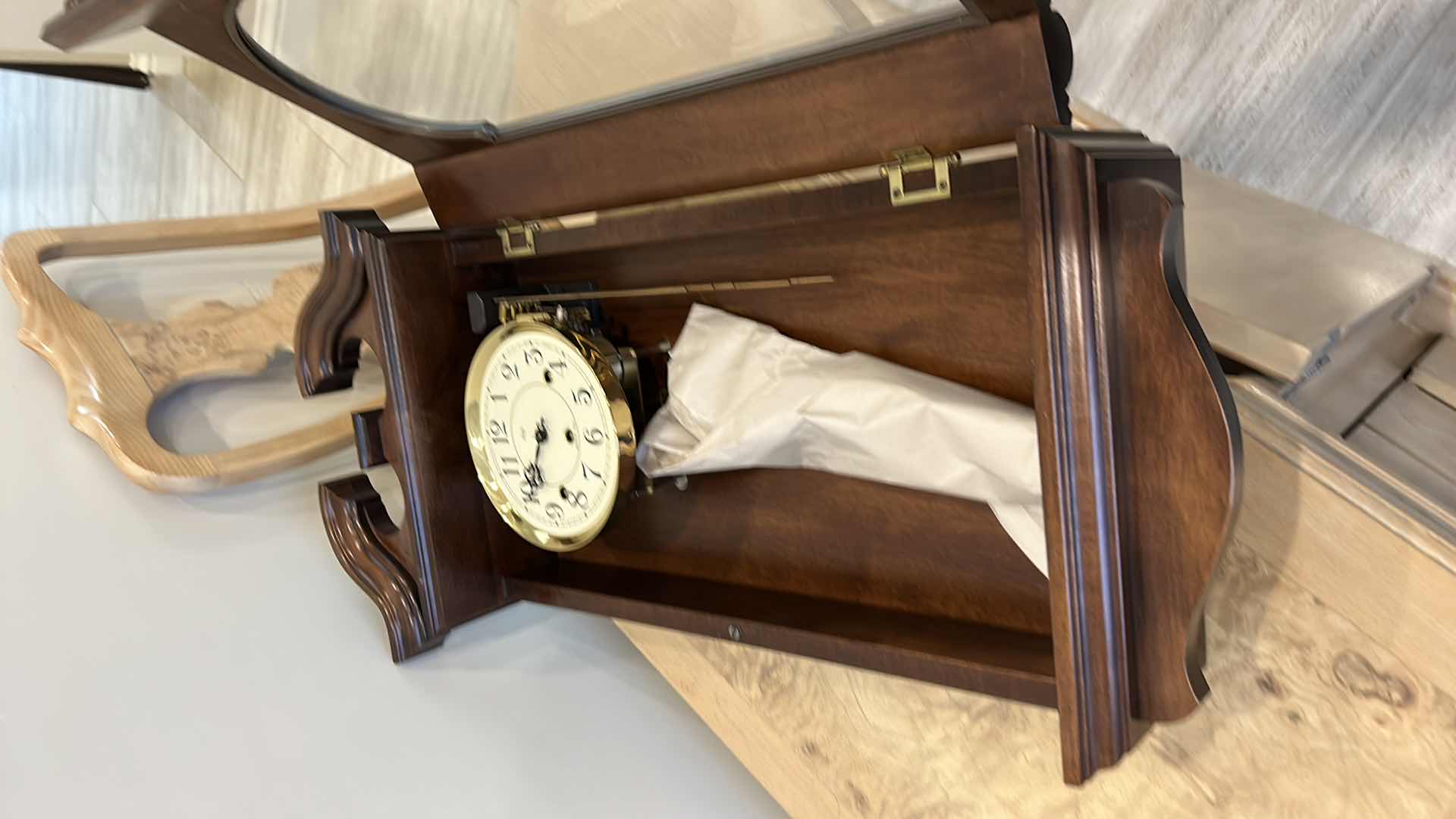 Photo 6 of SLIGH WESTMINSTER CHIME PENDULUM CLOCK (CENTER TOP PIECE WAS FOUND AND POPS RIGHT IN)
15 1/2” x 6” x 30”