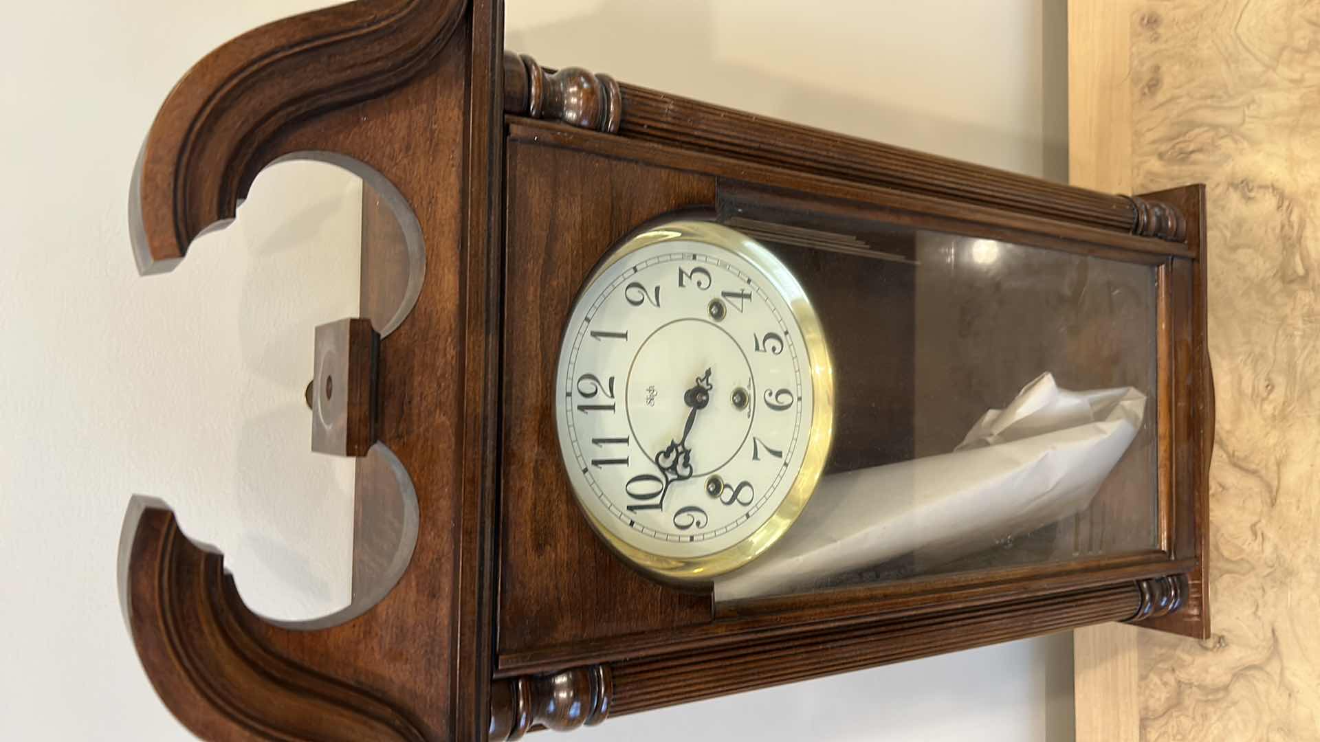 Photo 2 of SLIGH WESTMINSTER CHIME PENDULUM CLOCK (CENTER TOP PIECE WAS FOUND AND POPS RIGHT IN)
15 1/2” x 6” x 30”