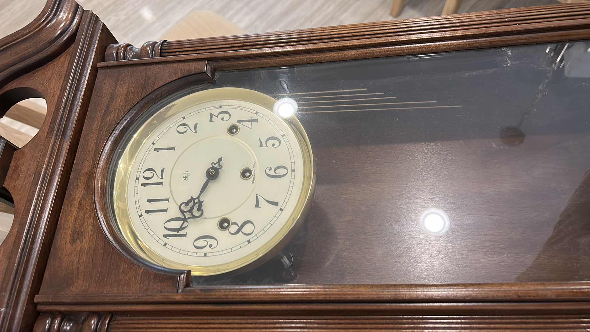 Photo 3 of SLIGH WESTMINSTER CHIME PENDULUM CLOCK (CENTER TOP PIECE WAS FOUND AND POPS RIGHT IN)
15 1/2” x 6” x 30”