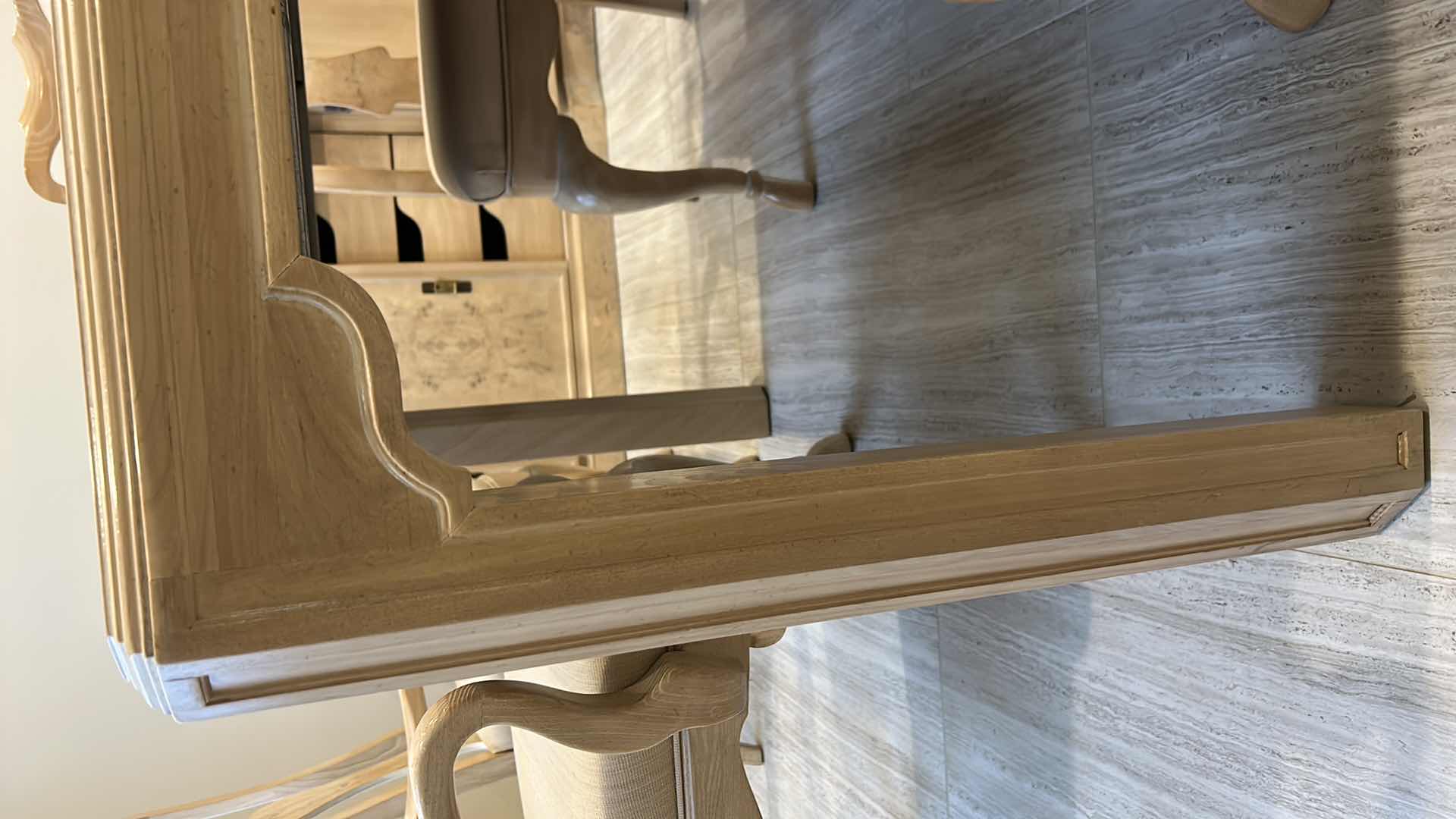 Photo 1 of DREXEL HERITAGE CORINTHIAN BLOND BURLED ASH  DINING ROOM TABLE WITH 3 LEAFS, CUSTOM TOP PADDING AND 10 CHAIRS (AS SHOWN 46” x 96” WITH ONE 22” LEAF) PLUS 2 MORE 22” LEAFS