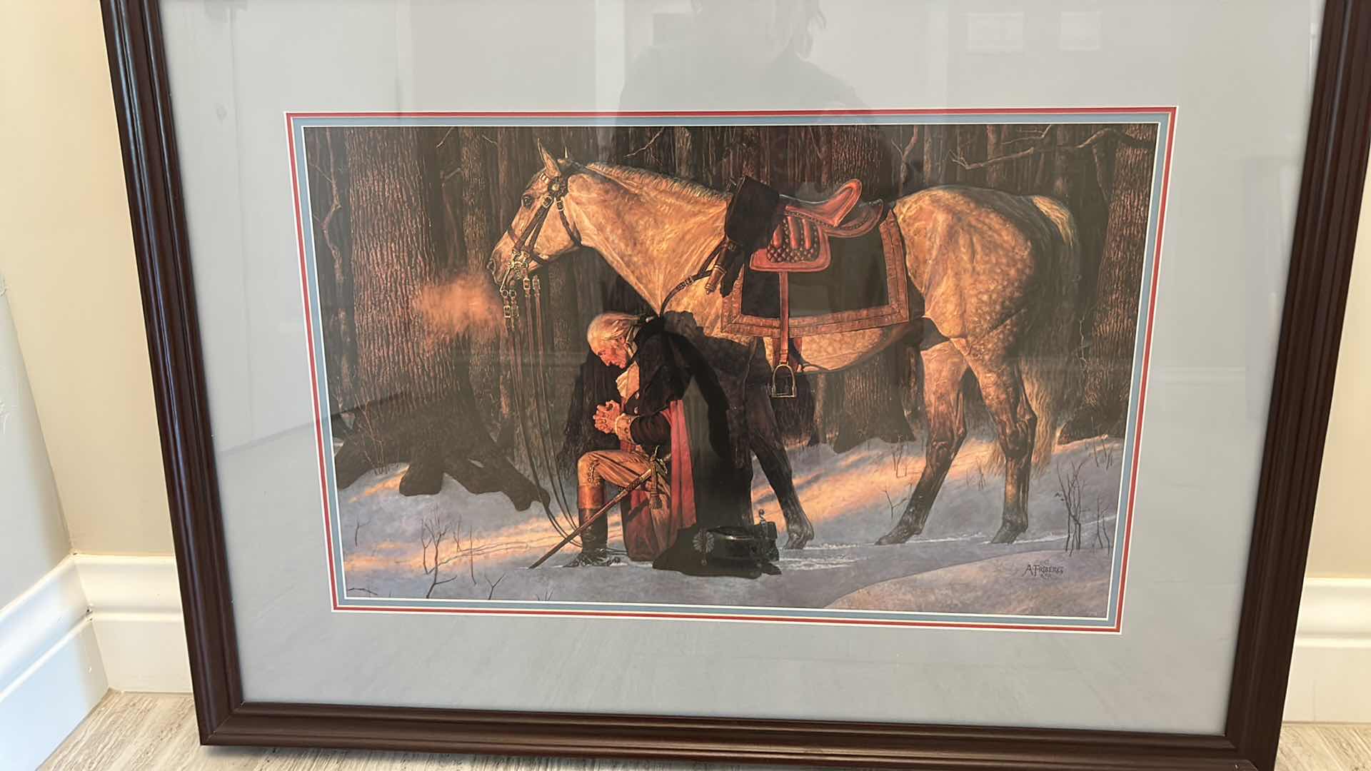 Photo 1 of GEORGE WASHINGTON KNELT AT PRAYER EITY HORSE BY A FRIBERG FRAMED ARTWORK 34” x 25 1/2”