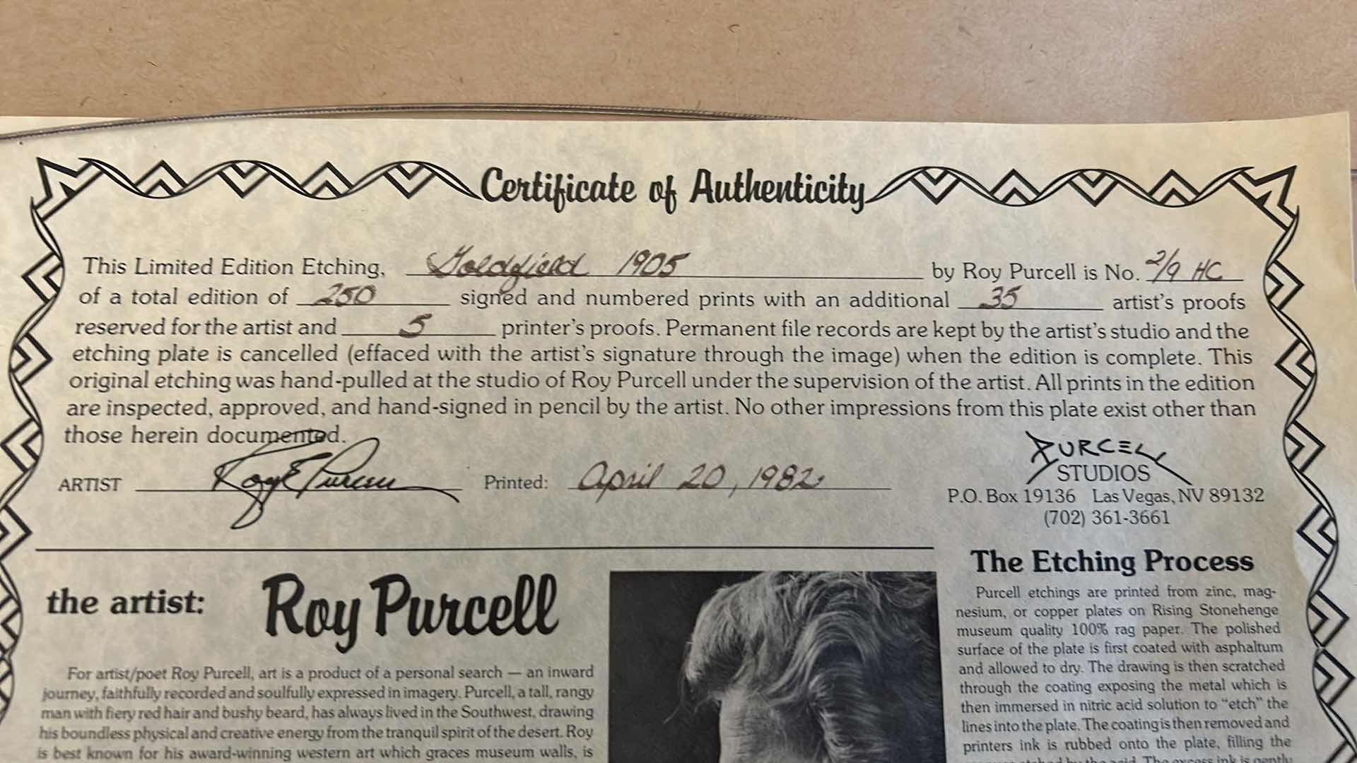 Photo 1 of SIGNED NUMBERED “GOLDFIELD 1905” WESTERN TOWN, ETCHING, PURCELL WITH COA 2/9 FRAMED 45 1/2” x 36”