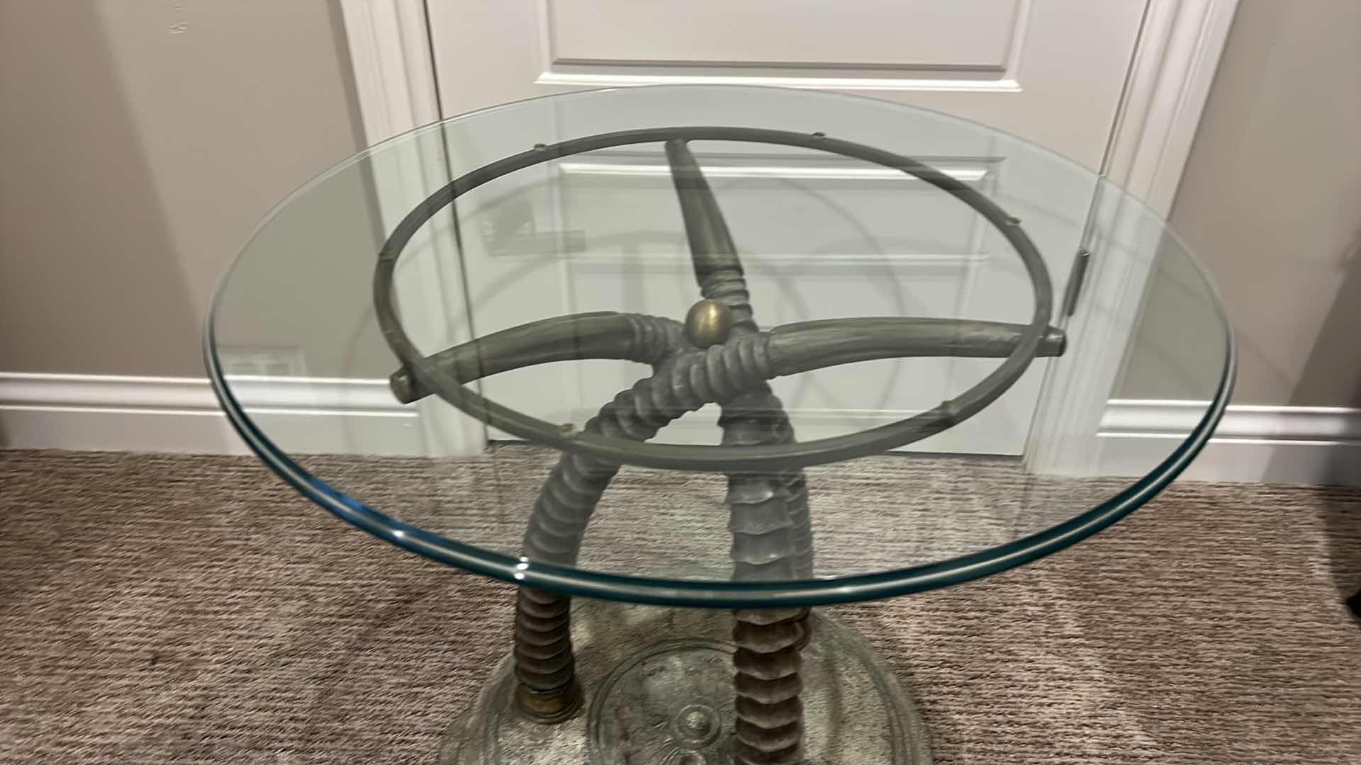 Photo 1 of THOMASVILLE HEMINGWAY COLLECTION UNIQUE HEAVY MIXED MEDIA ACCENT TABLE (CERAMIC, METAL, GLASS TOP) 25.5” x 25.5”